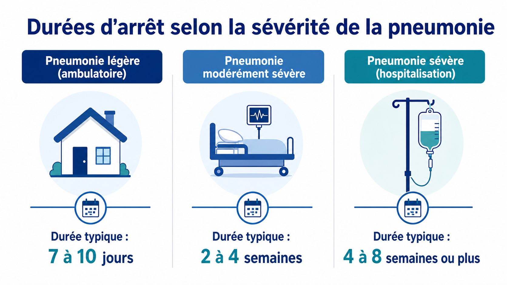 Infographie présentant les durées typiques d'arrêt de travail en fonction de la sévérité d'une pneumonie.