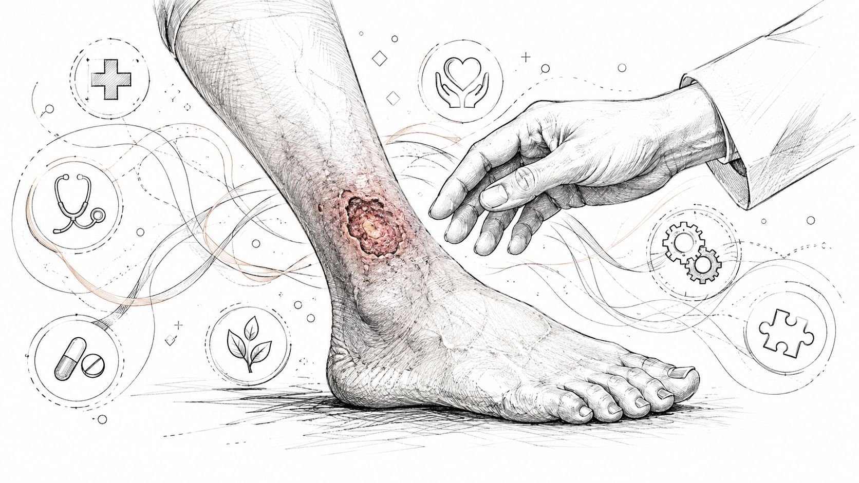 Une main de médecin examine un ulcère cutané sur la jambe d'un patient, illustration médicale.