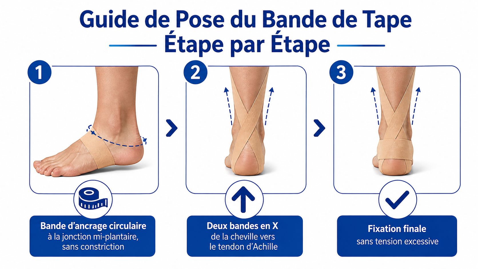 Guide étape par étape pour appliquer une bande de kinésiologie afin de soutenir le tendon d'Achille.