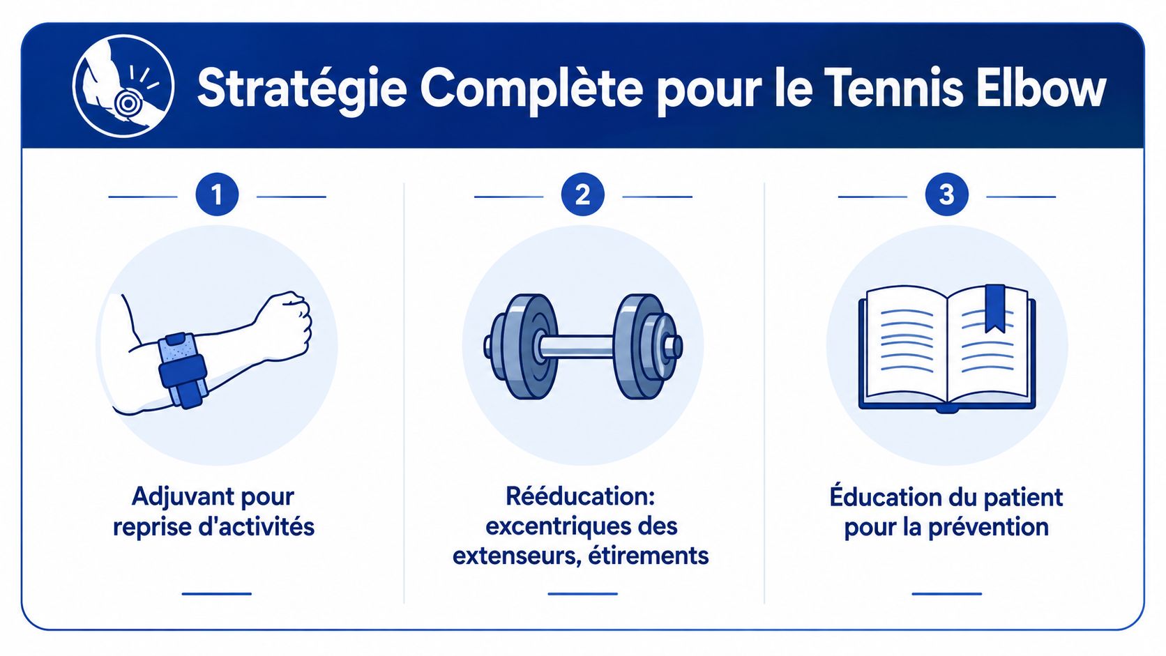 Une infographie montrant la stratégie complète pour traiter le tennis elbow : attelle, rééducation et éducation.