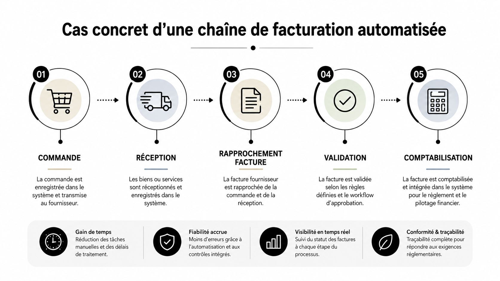 Schéma illustrant les cinq étapes d'une chaîne de facturation automatisée, de la commande à la comptabilisation financière.