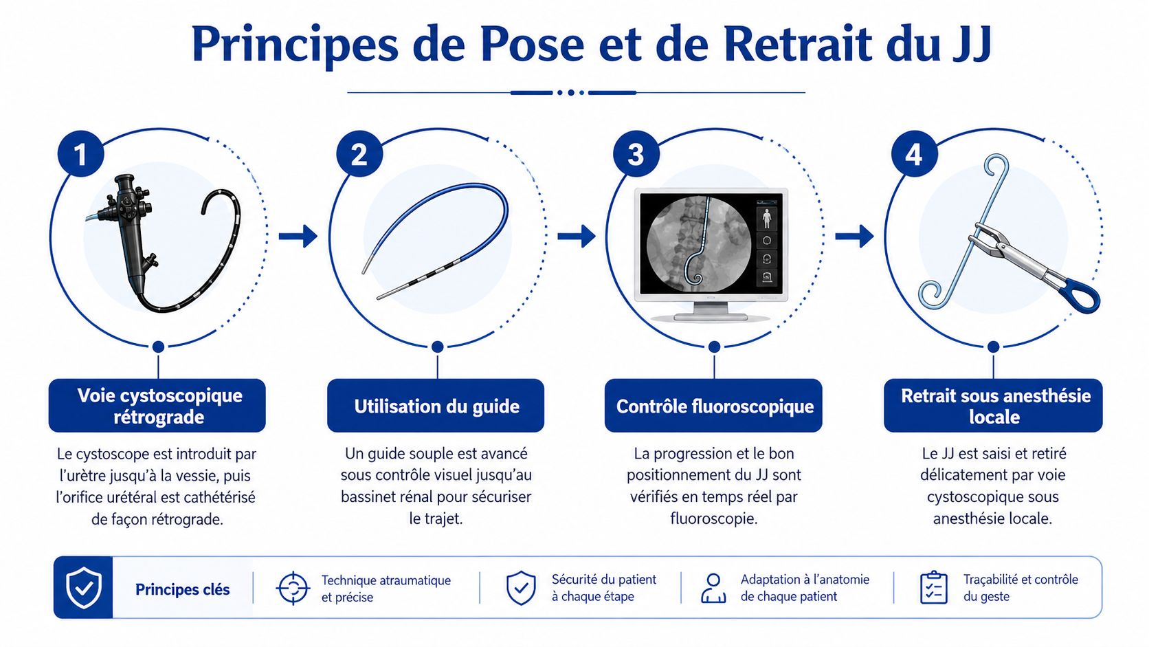 Schéma explicatif des quatre étapes pour la pose et le retrait d'une sonde urétérale double J.