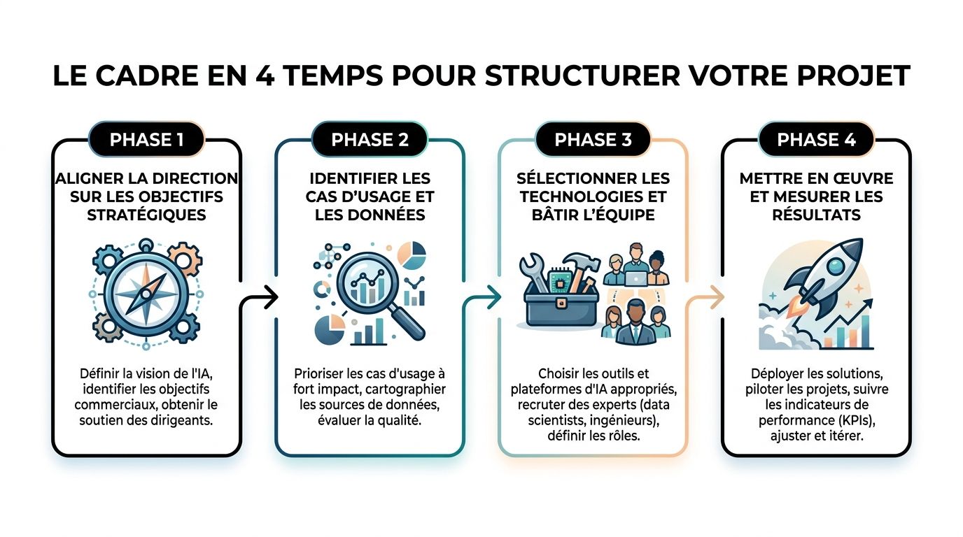 Schéma en quatre phases pour structurer un projet d'intelligence artificielle au sein d'une entreprise.