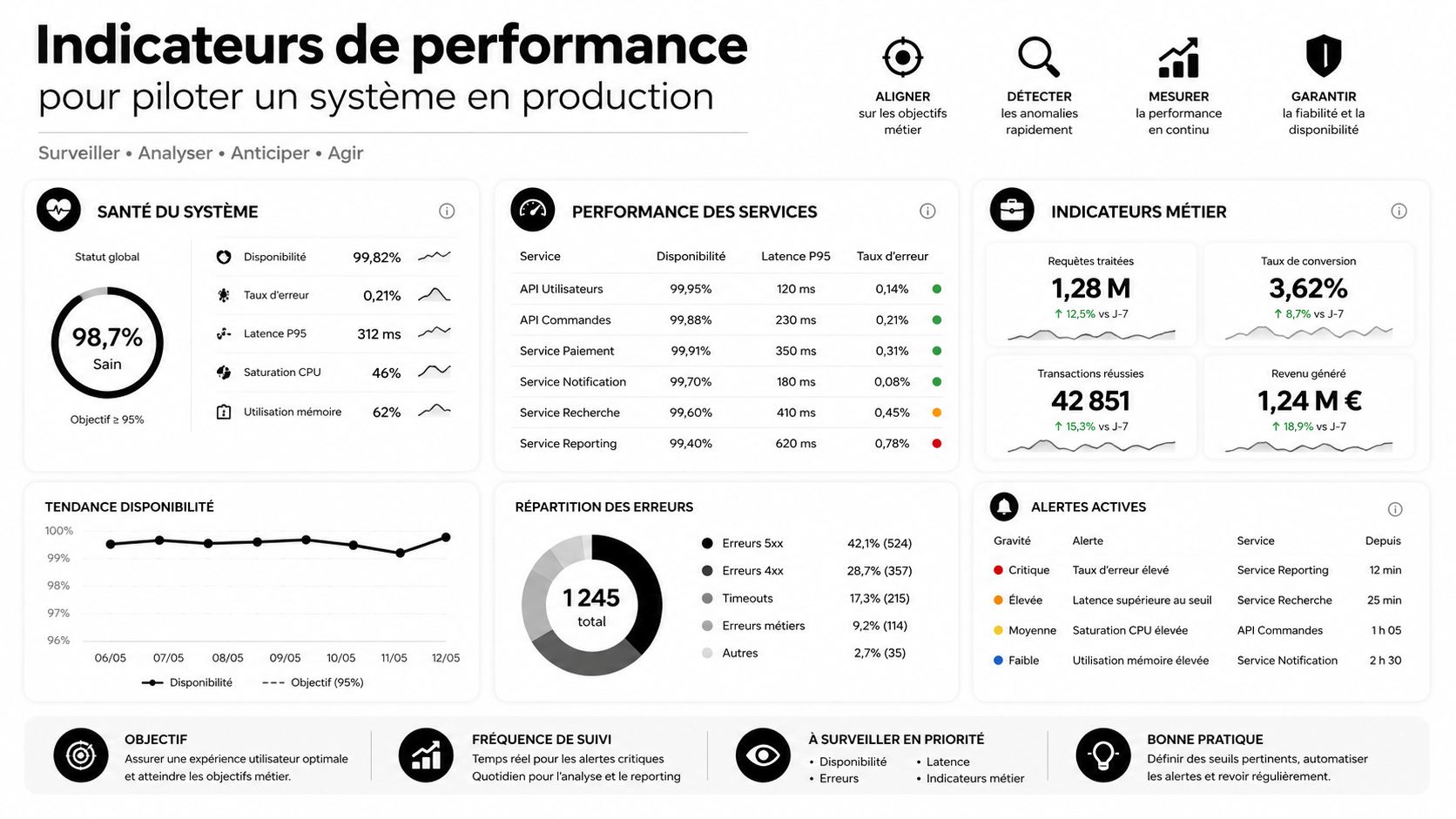 Tableau de bord de monitoring informatique affichant les indicateurs de performance clés pour piloter un système en production.