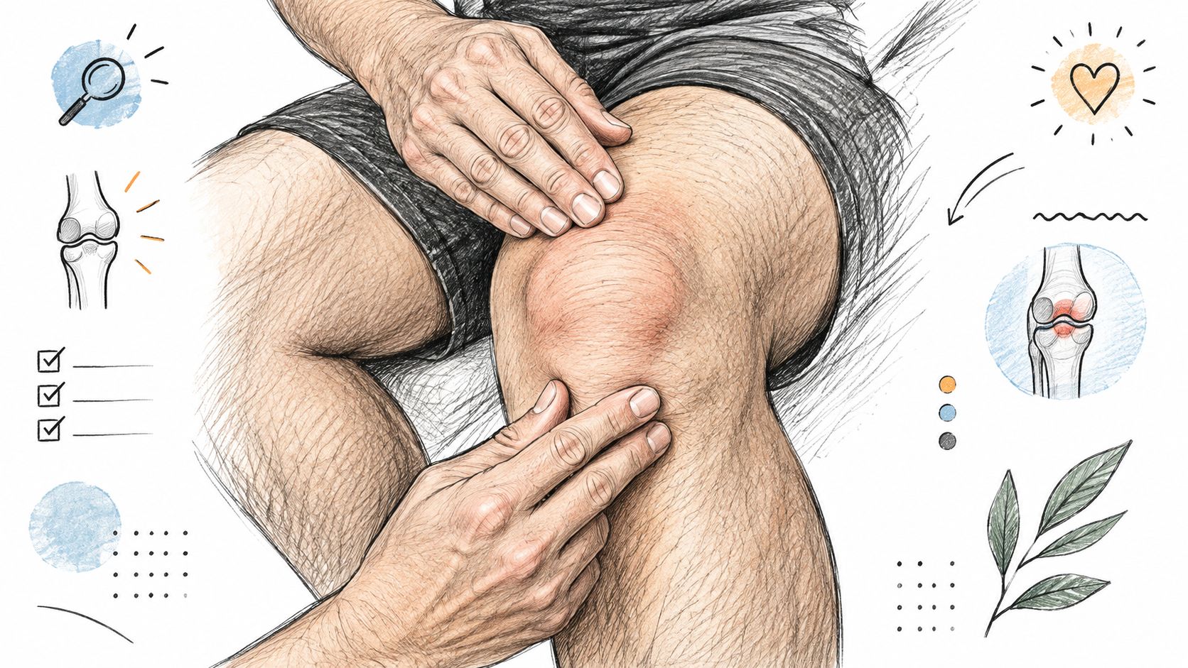 Une illustration montrant des mains examinant un genou enflé avec des icônes médicales de diagnostic.
