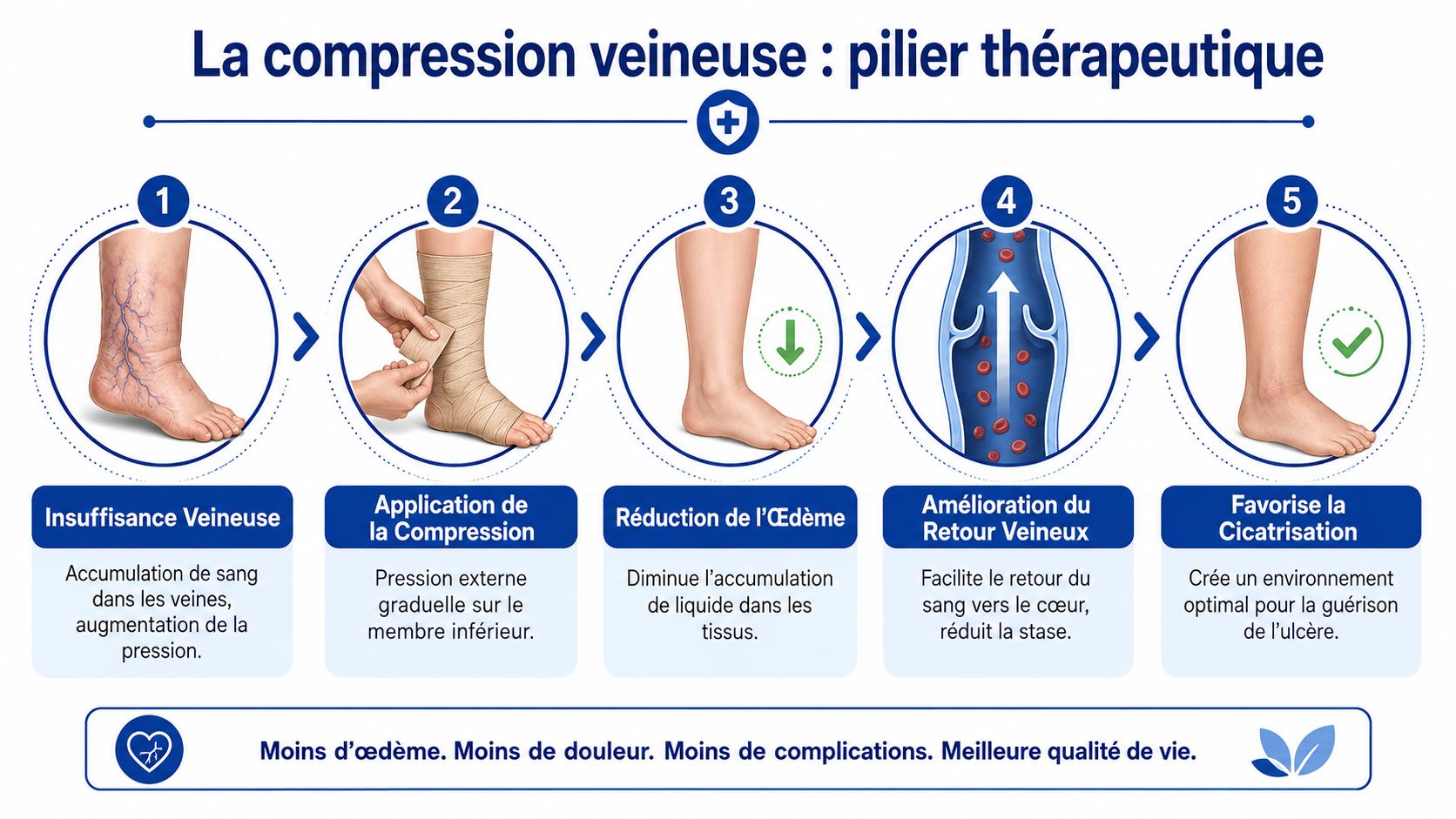 Schéma explicatif montrant les étapes du traitement par compression pour soulager l'insuffisance veineuse et favoriser la cicatrisation.