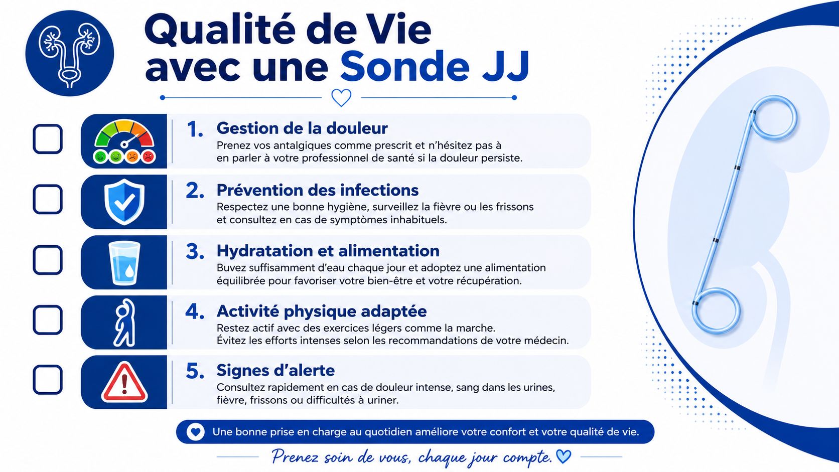 Infographie illustrant les cinq conseils essentiels pour améliorer la qualité de vie avec une sonde urétérale JJ.