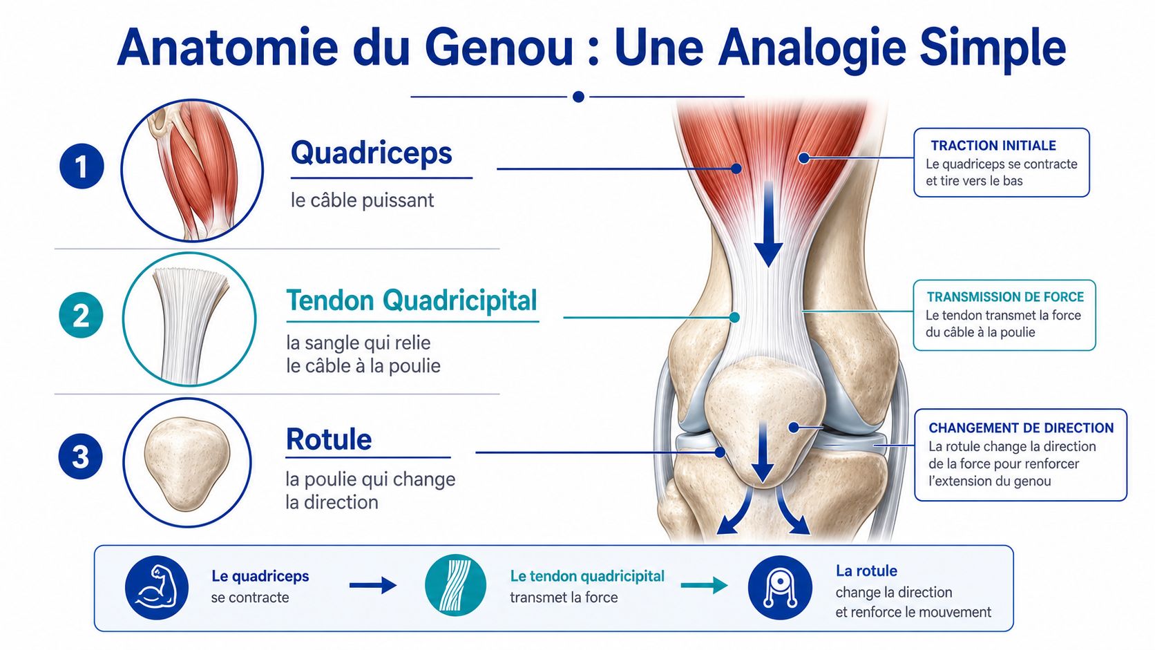 Schéma anatomique expliquant le fonctionnement du genou par une analogie avec un système de poulie et câble.