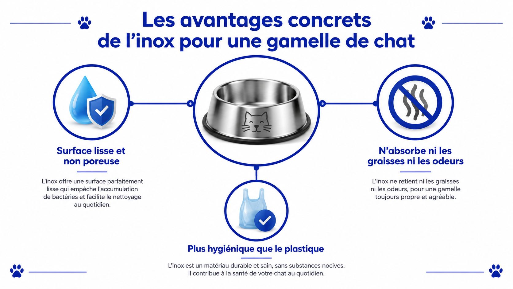 Infographie présentant les avantages hygiéniques et durables d'une gamelle en acier inoxydable pour les chats.