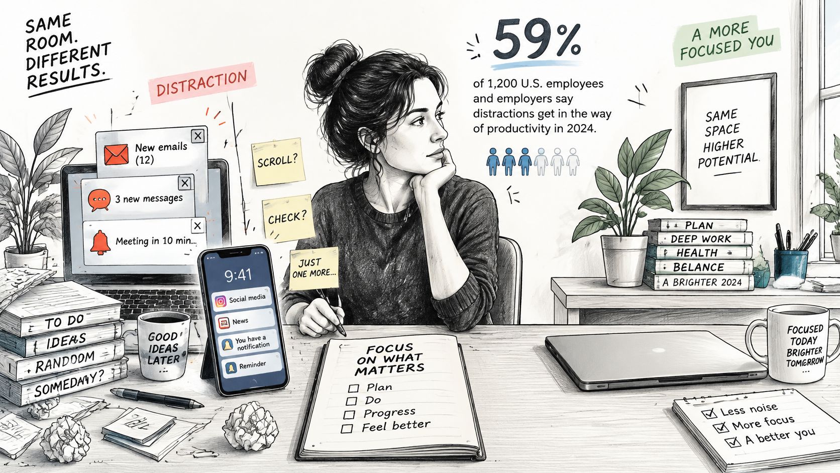A woman distracted by digital notifications at her cluttered desk compared to a focused, organized workspace.
