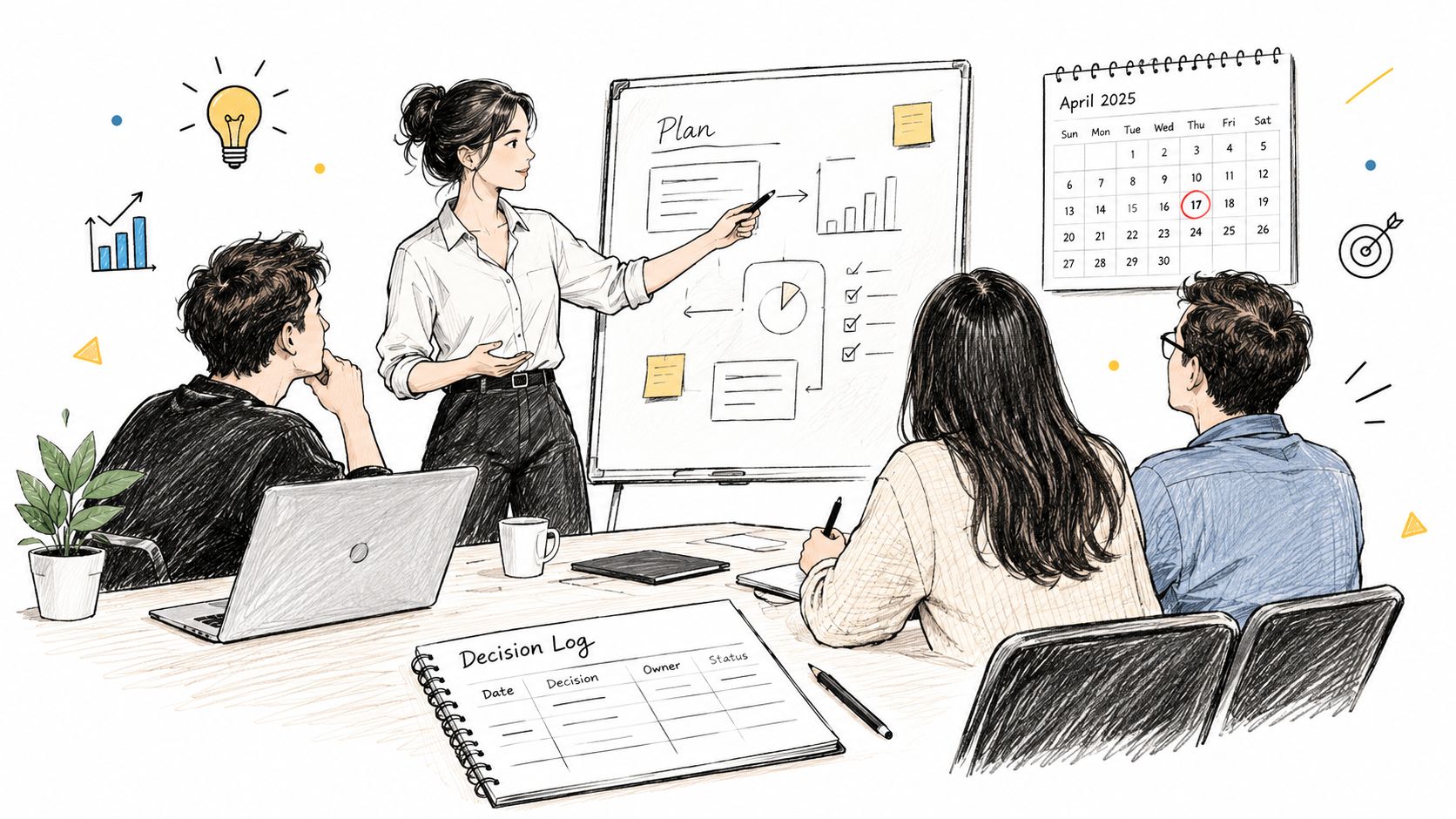 A professional team collaborating during a business meeting with a presenter pointing at a strategy whiteboard.