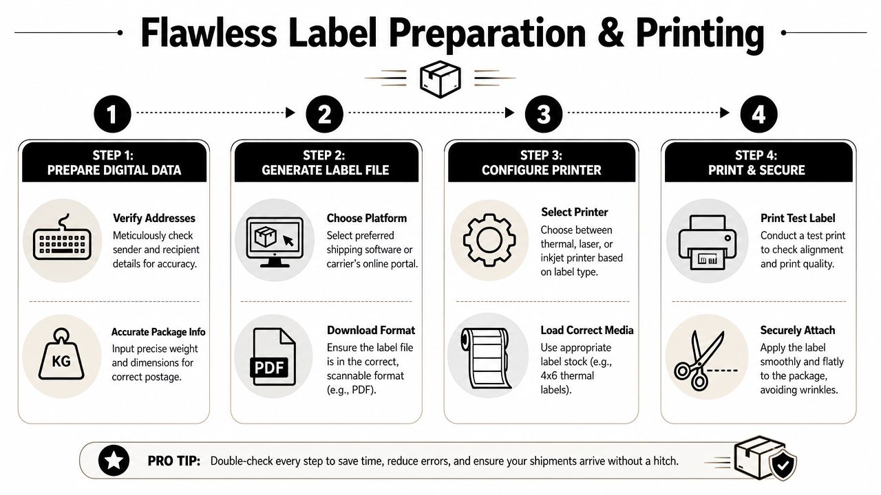 A four-step infographic showing the process for flawless shipping label preparation and printing for packages.
