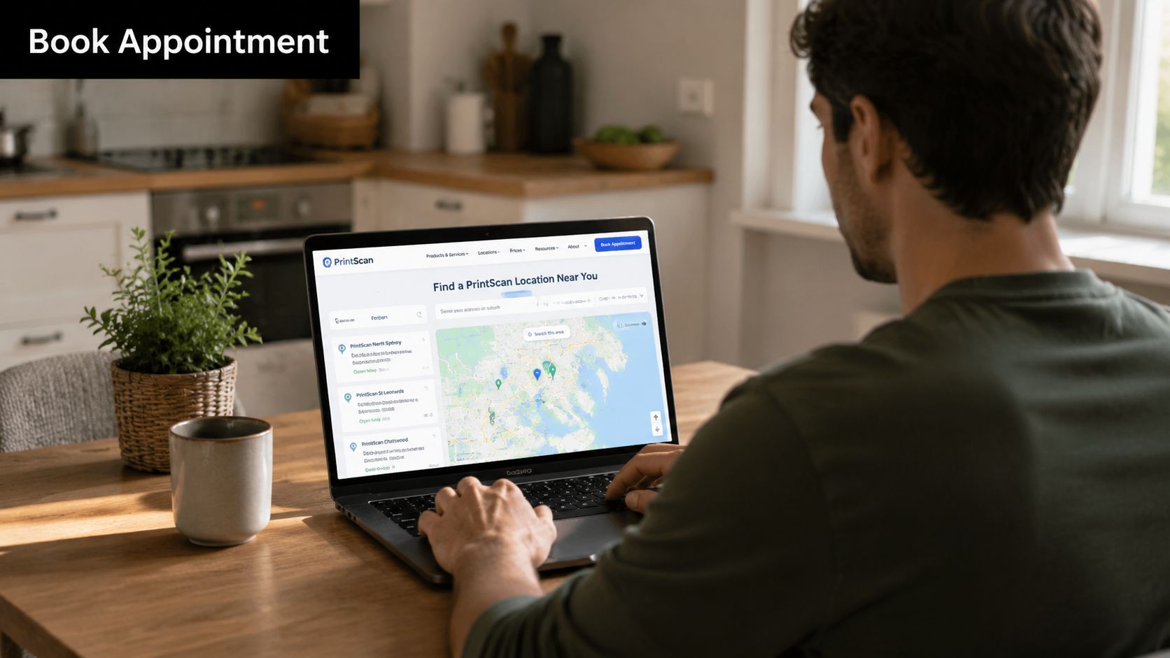 A man using a laptop in a kitchen to search for local fingerprinting services on PrintScan's website.
