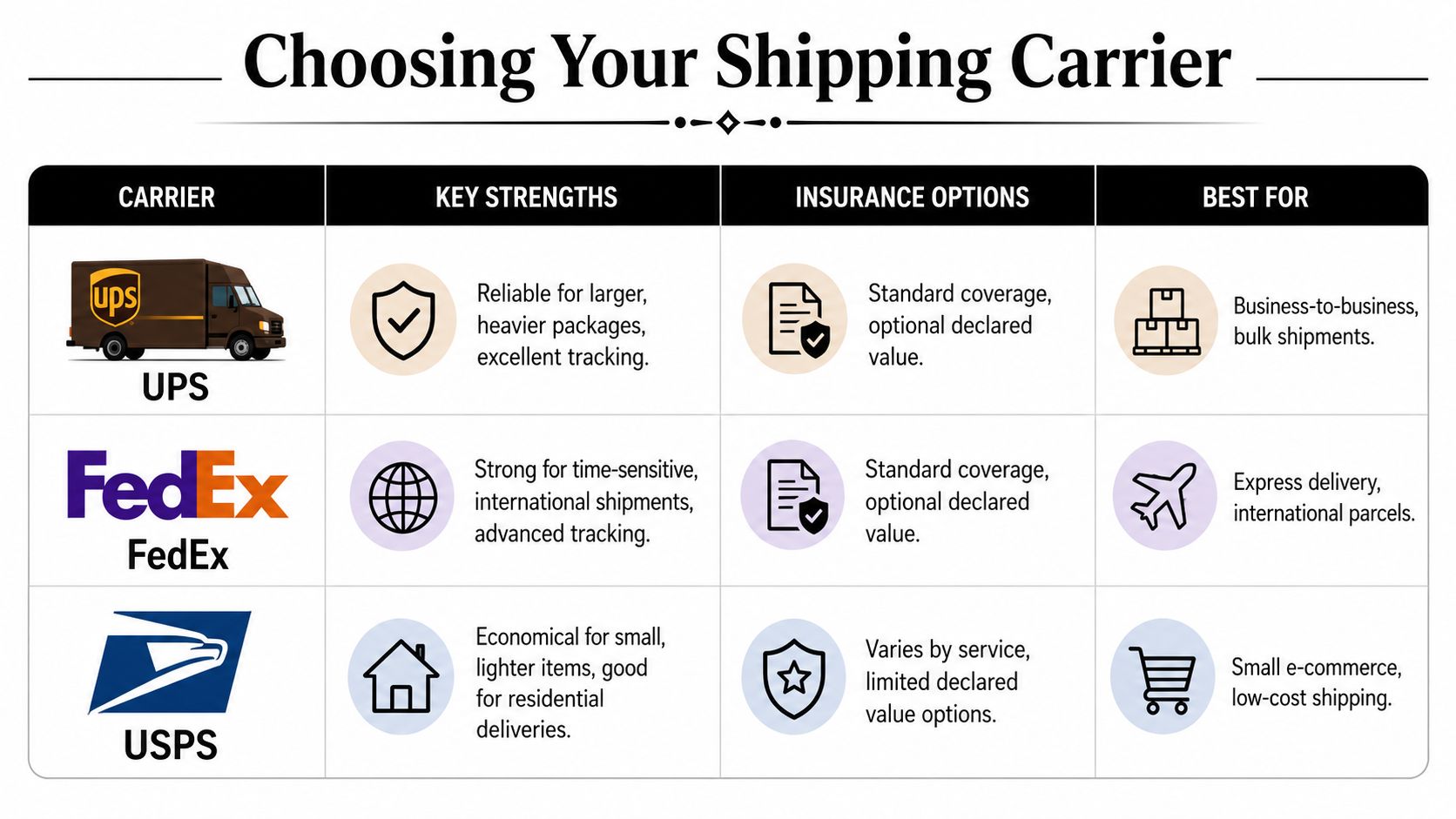 A comparison chart outlining the key strengths, insurance options, and ideal use cases for UPS, FedEx, and USPS.