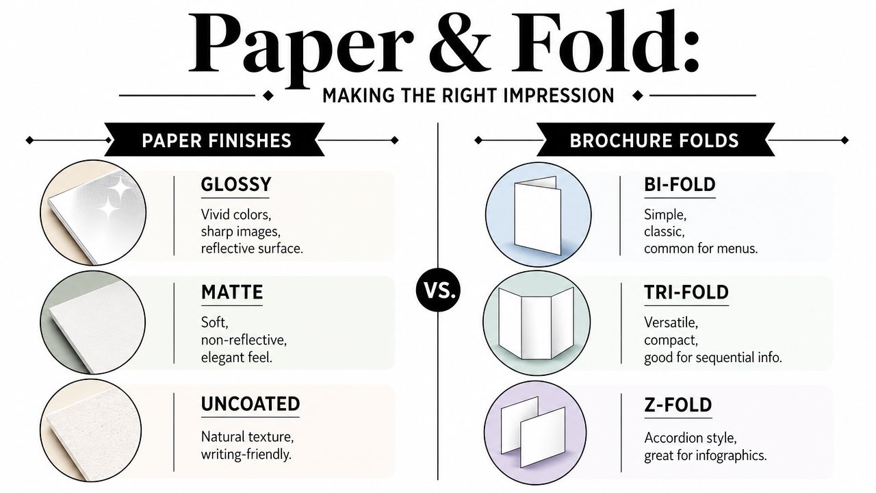 An infographic comparing different paper finishes and brochure fold styles for professional marketing print materials.