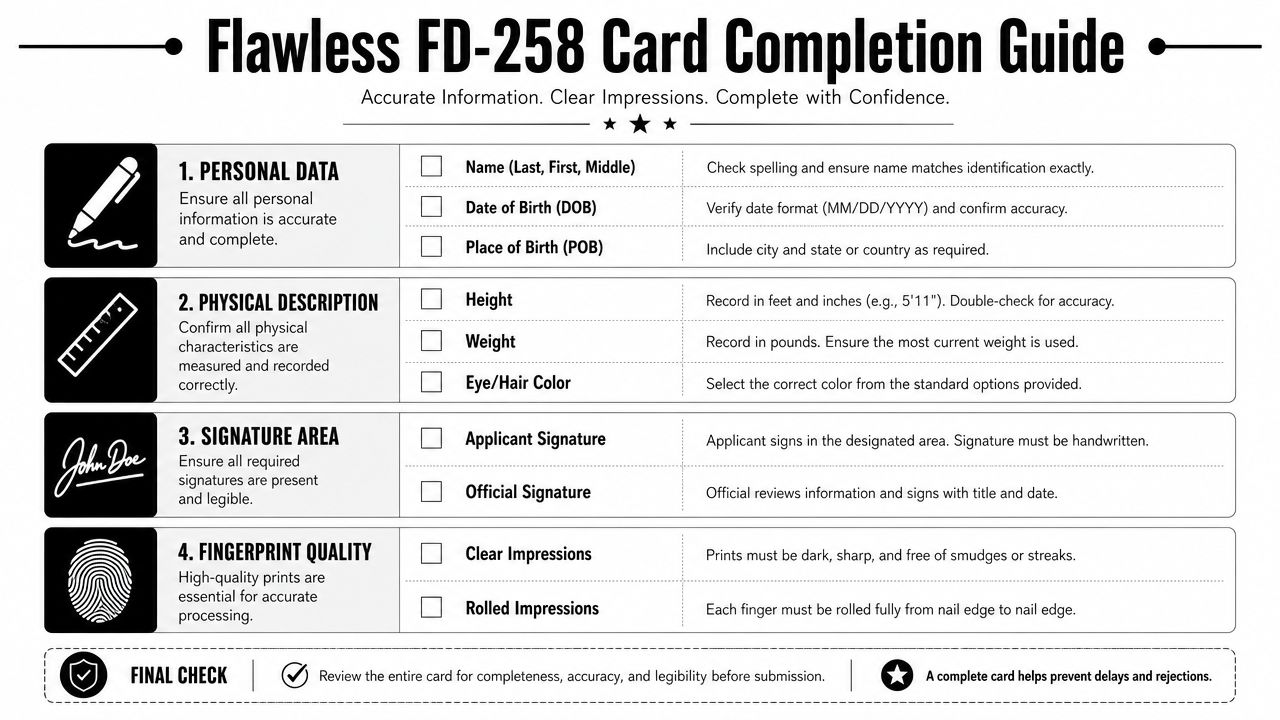 A helpful infographic guide detailing the four steps for properly completing an FD-258 fingerprint card for accuracy.