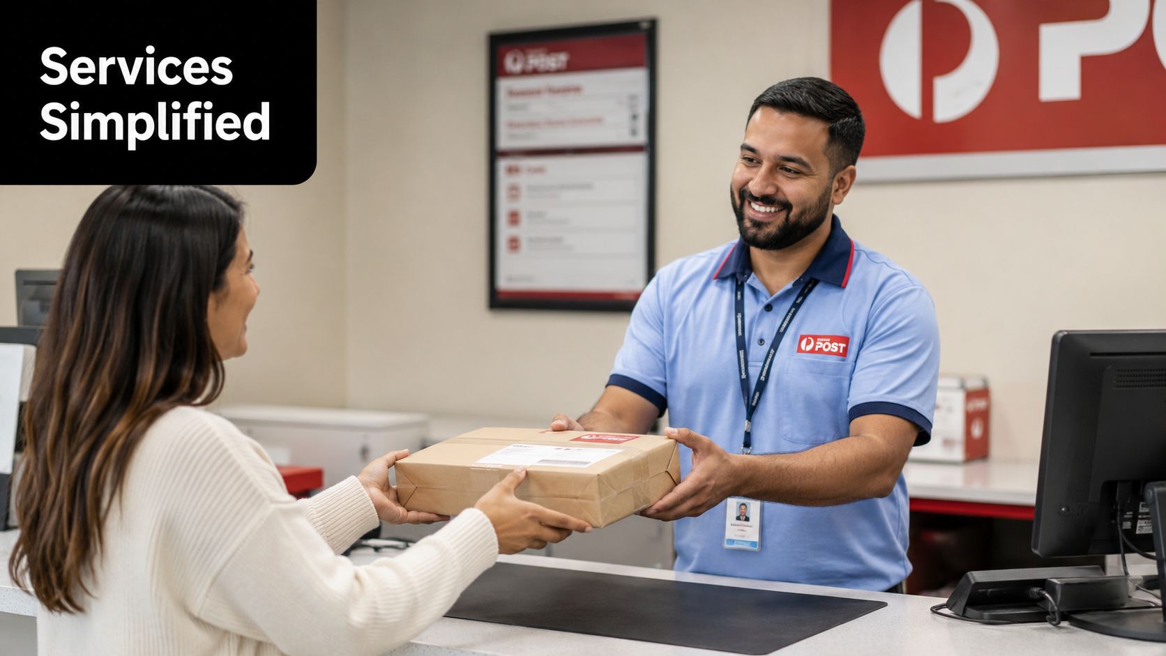 A friendly postal worker hands a small package to a customer at a service counter.