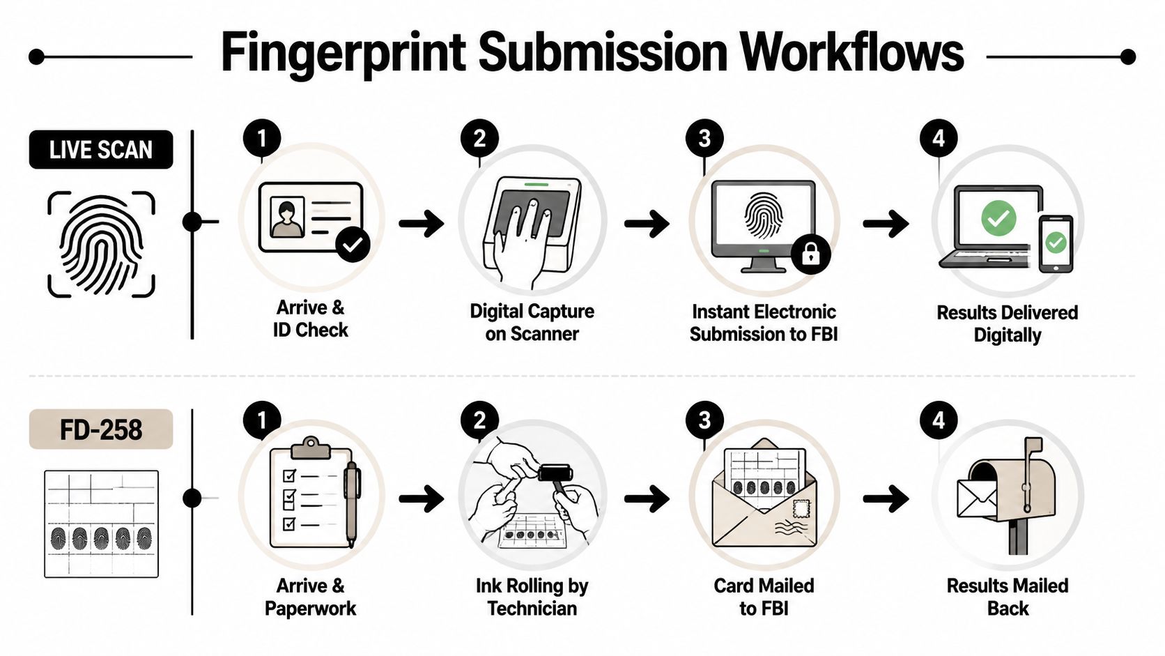 A diagram comparing Live Scan electronic fingerprint submission and traditional FD-258 ink card mail-in workflows.