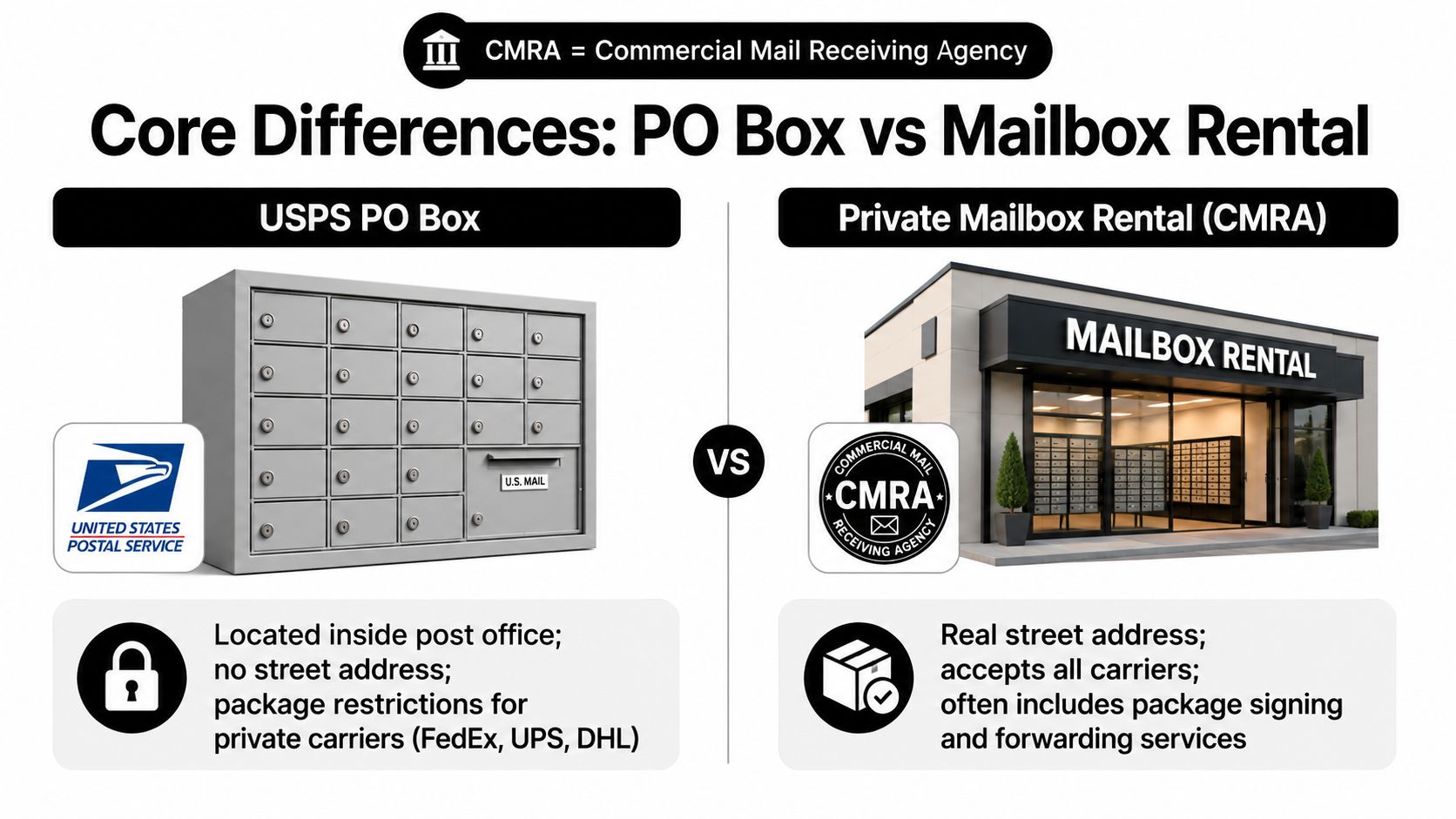 A comparison graphic outlining the core differences between a USPS PO Box and a private mailbox rental.
