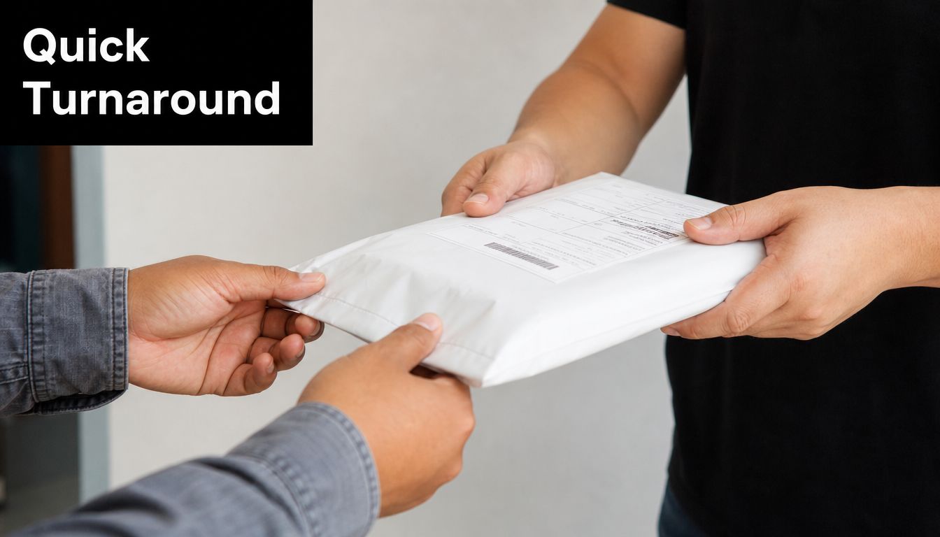 A delivery person handing a white, flat package to a customer, representing fast shipping and service.