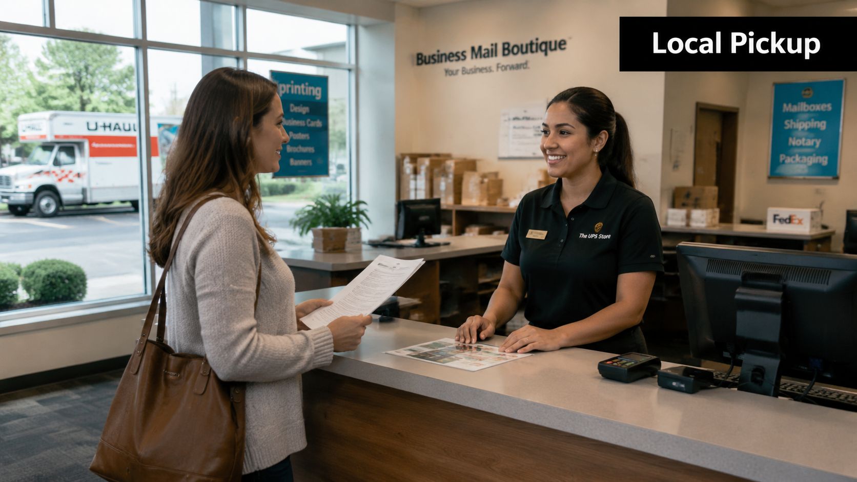 A customer consults with a UPS Store representative at the service counter with a U-Haul truck outside.