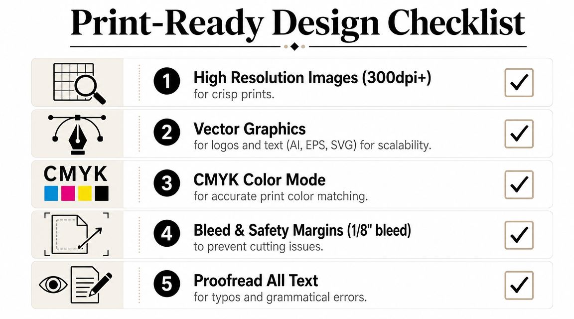 A professional print-ready design checklist displaying five essential steps for ensuring high-quality printed marketing materials and signage.