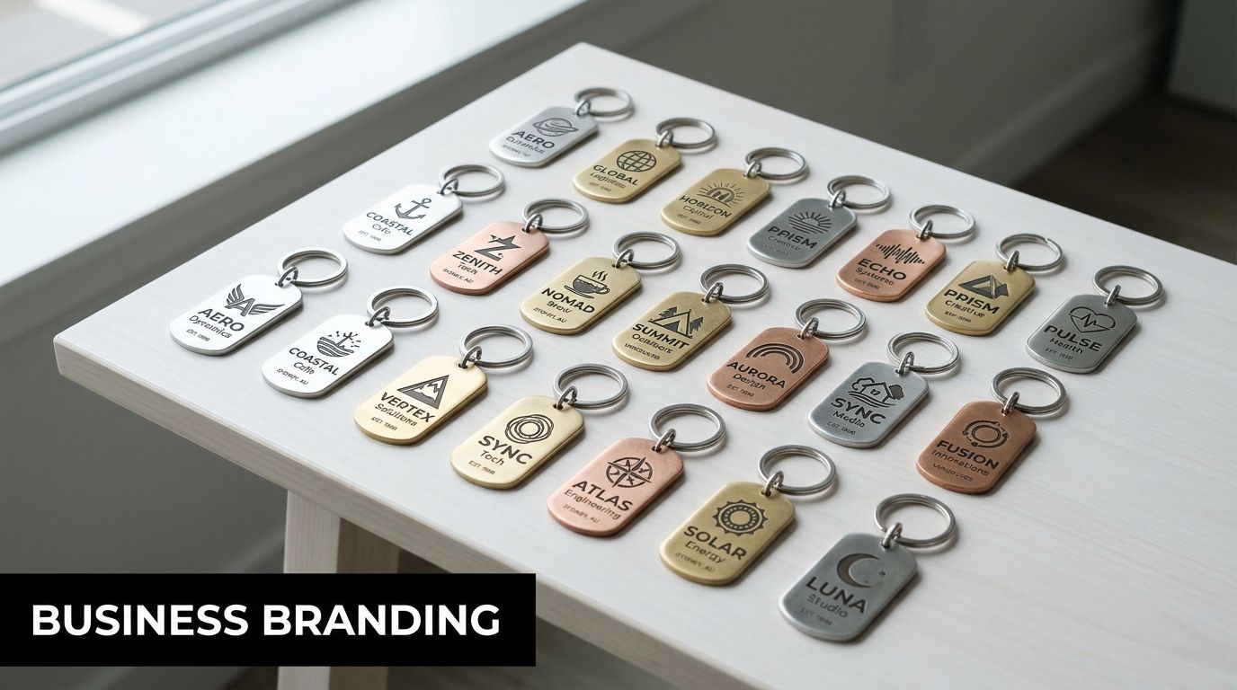 A collection of assorted metal keychains featuring various business logos and names arranged on a white table.