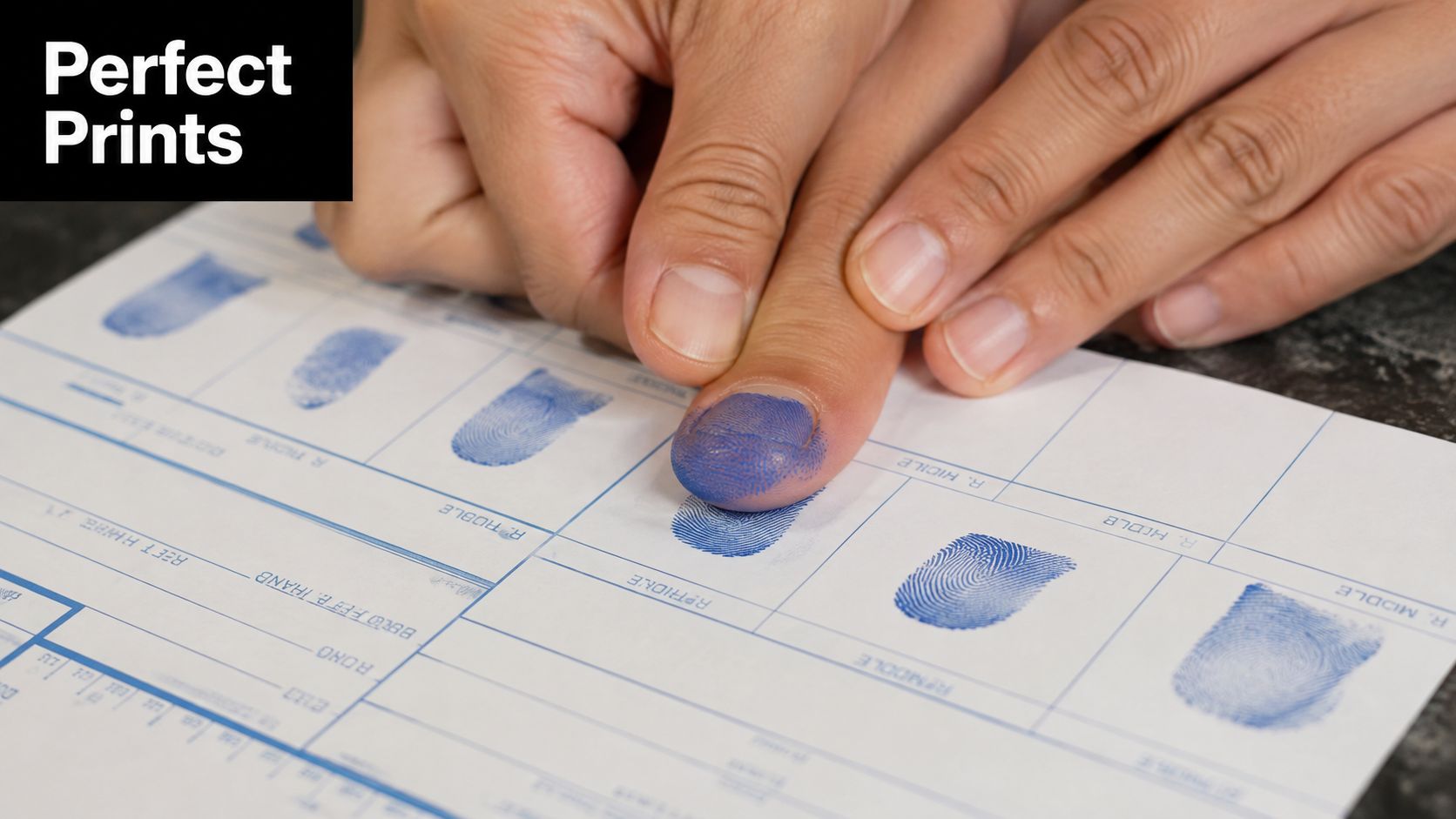 A person pressing a blue-inked thumb onto a fingerprinting card for a formal background check process.