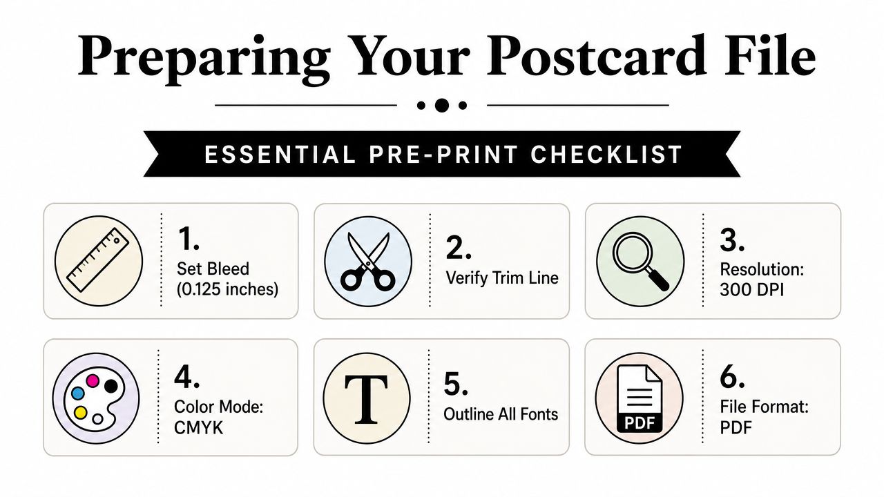 A graphic design checklist infographic for preparing postcard files for professional printing with six essential steps.