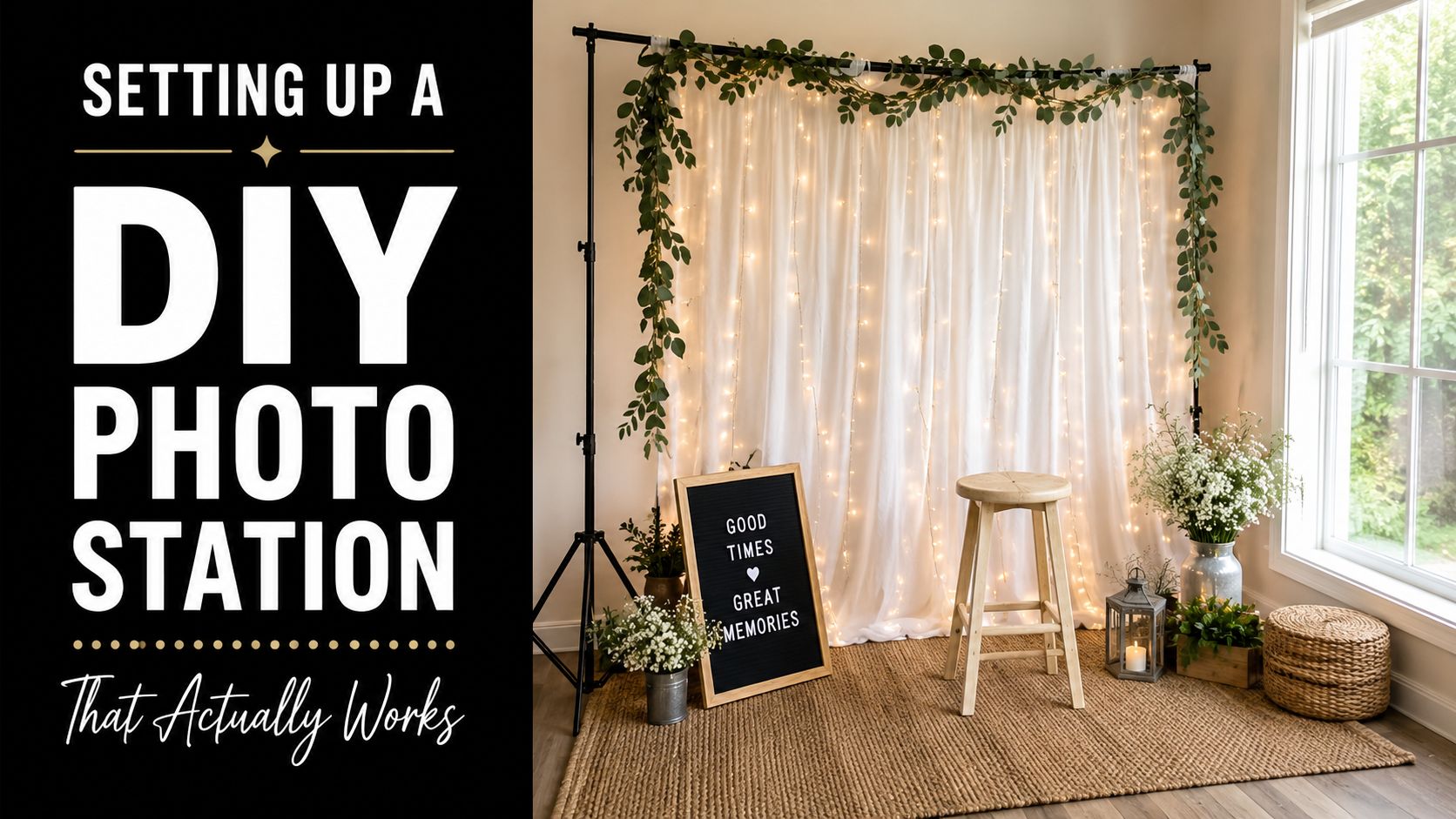 A decorated DIY photo station setup with a white curtain backdrop, fairy lights, and a wooden stool.