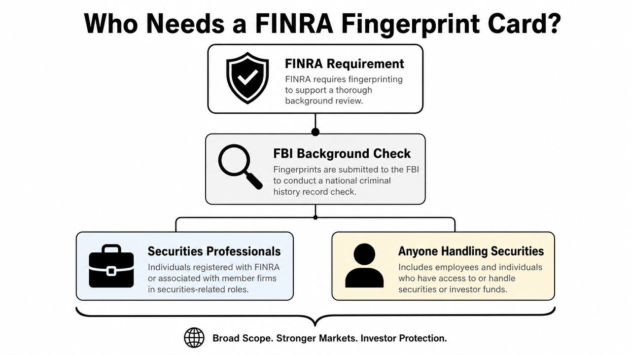 A flowchart explaining who needs a FINRA fingerprint card for FBI background checks in the securities industry.
