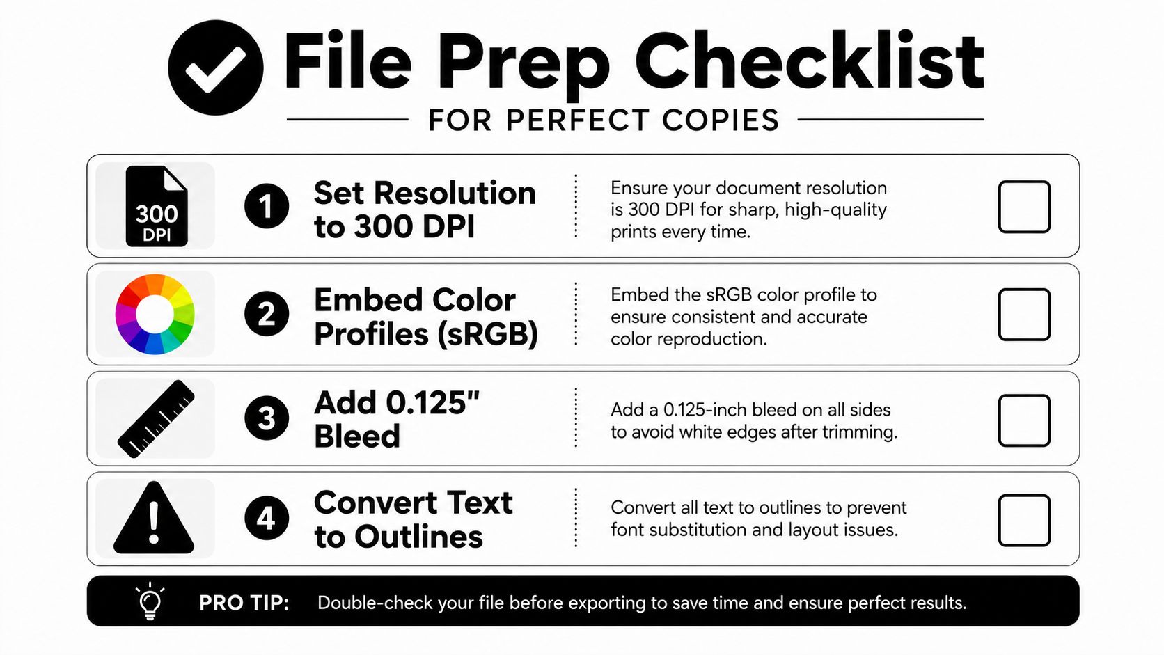 A professional checklist outlining four essential steps for preparing files for high-quality printing services.