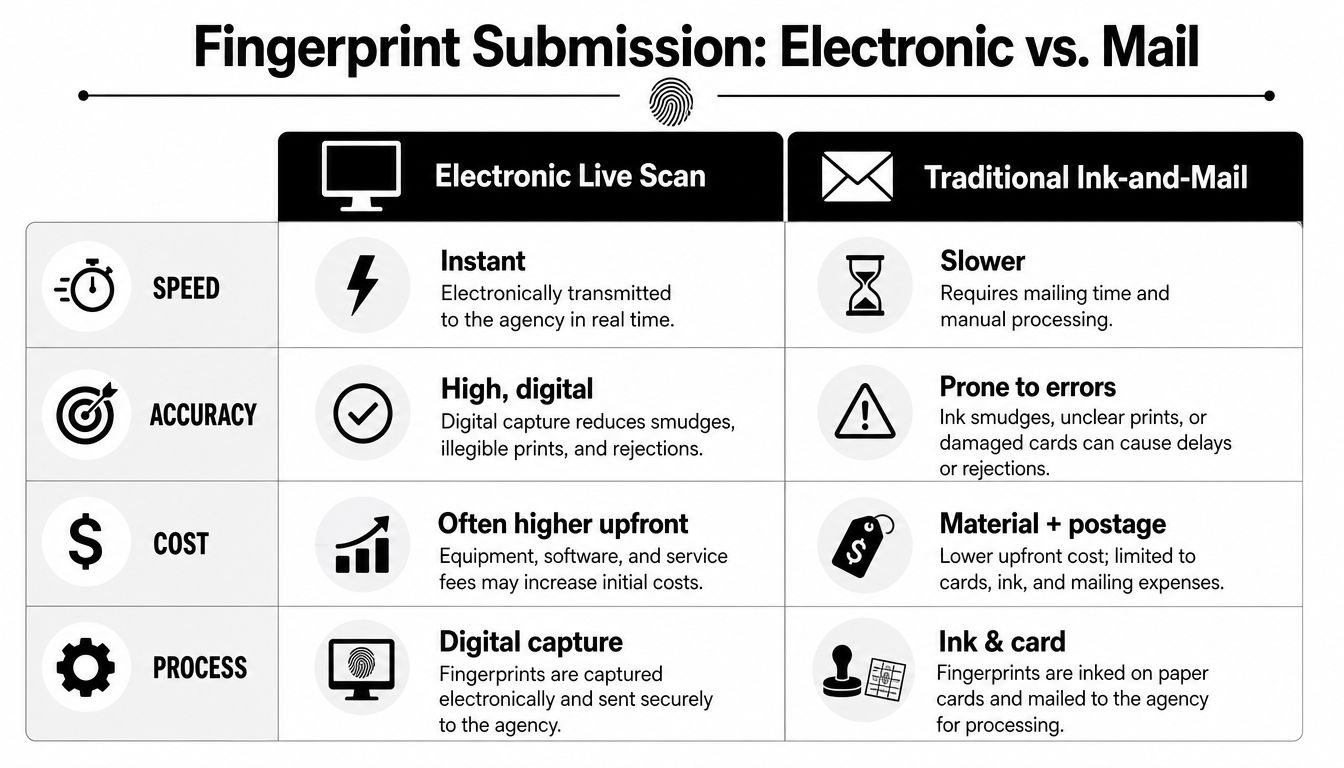 A comparison chart outlining the differences between electronic live scan fingerprinting and traditional ink and mail submissions.