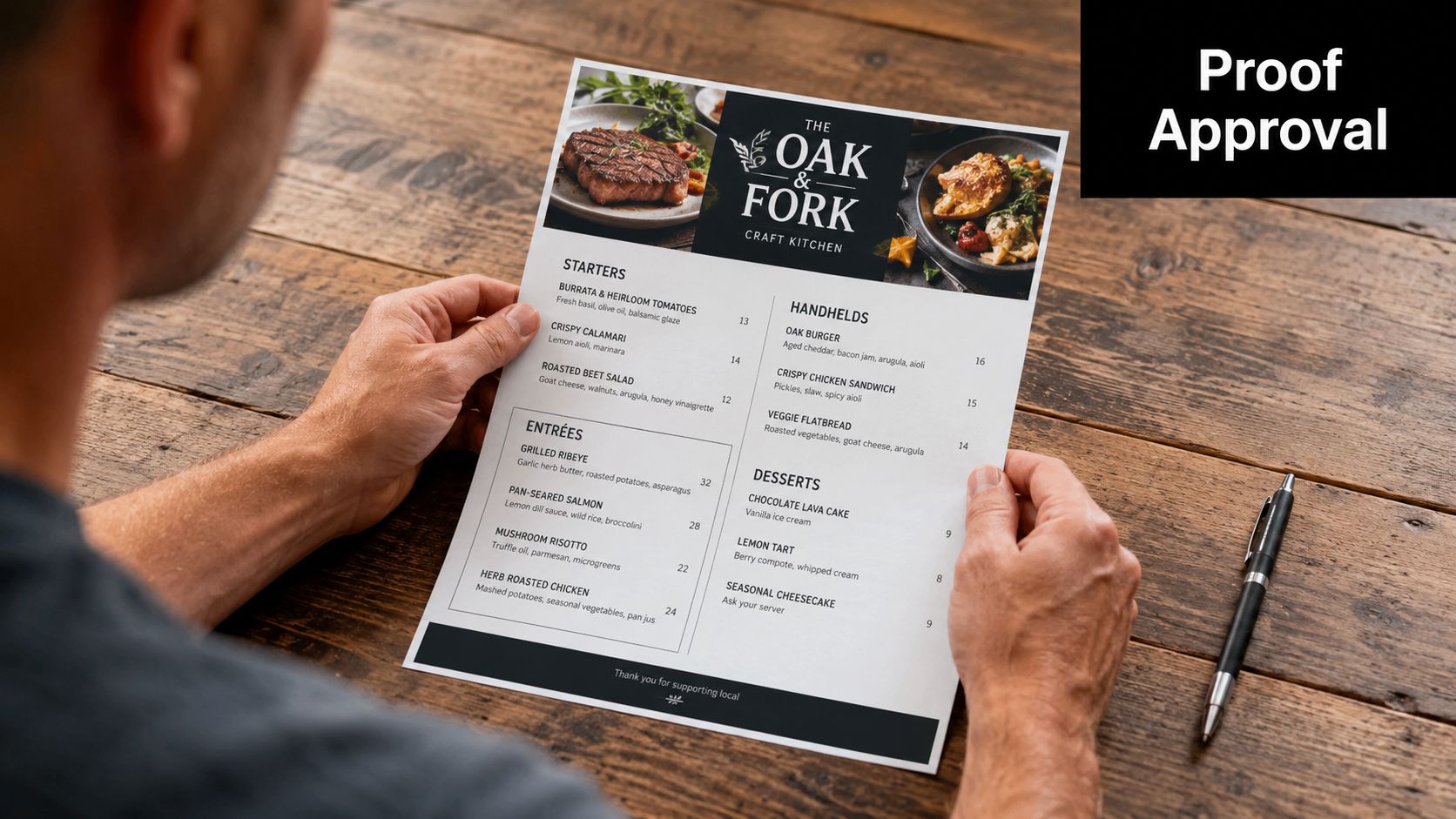 A person holding a printed menu for The Oak and Fork restaurant on a wooden table.