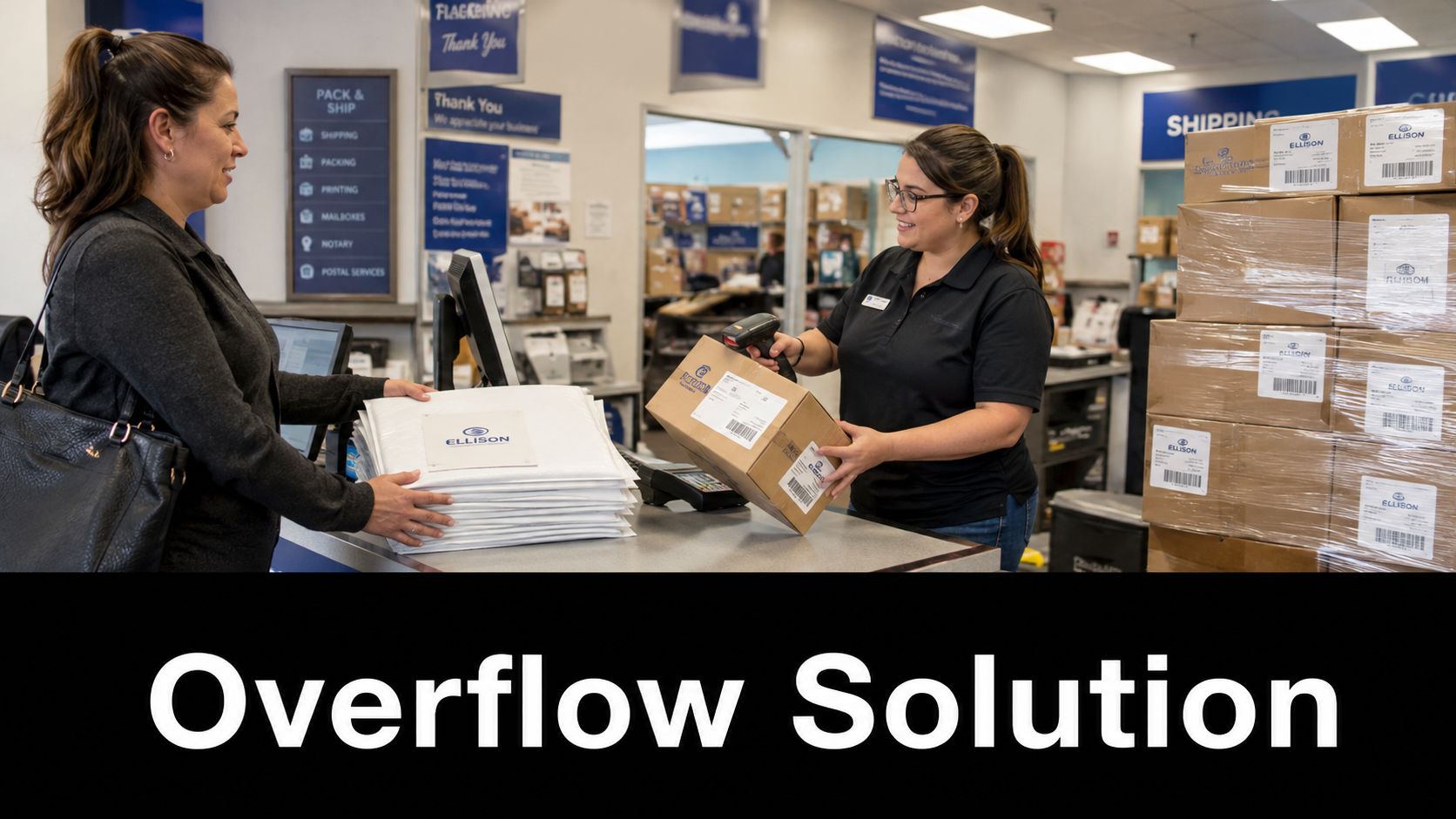 A customer hands a package to a worker at a shipping center for small business packaging orders.
