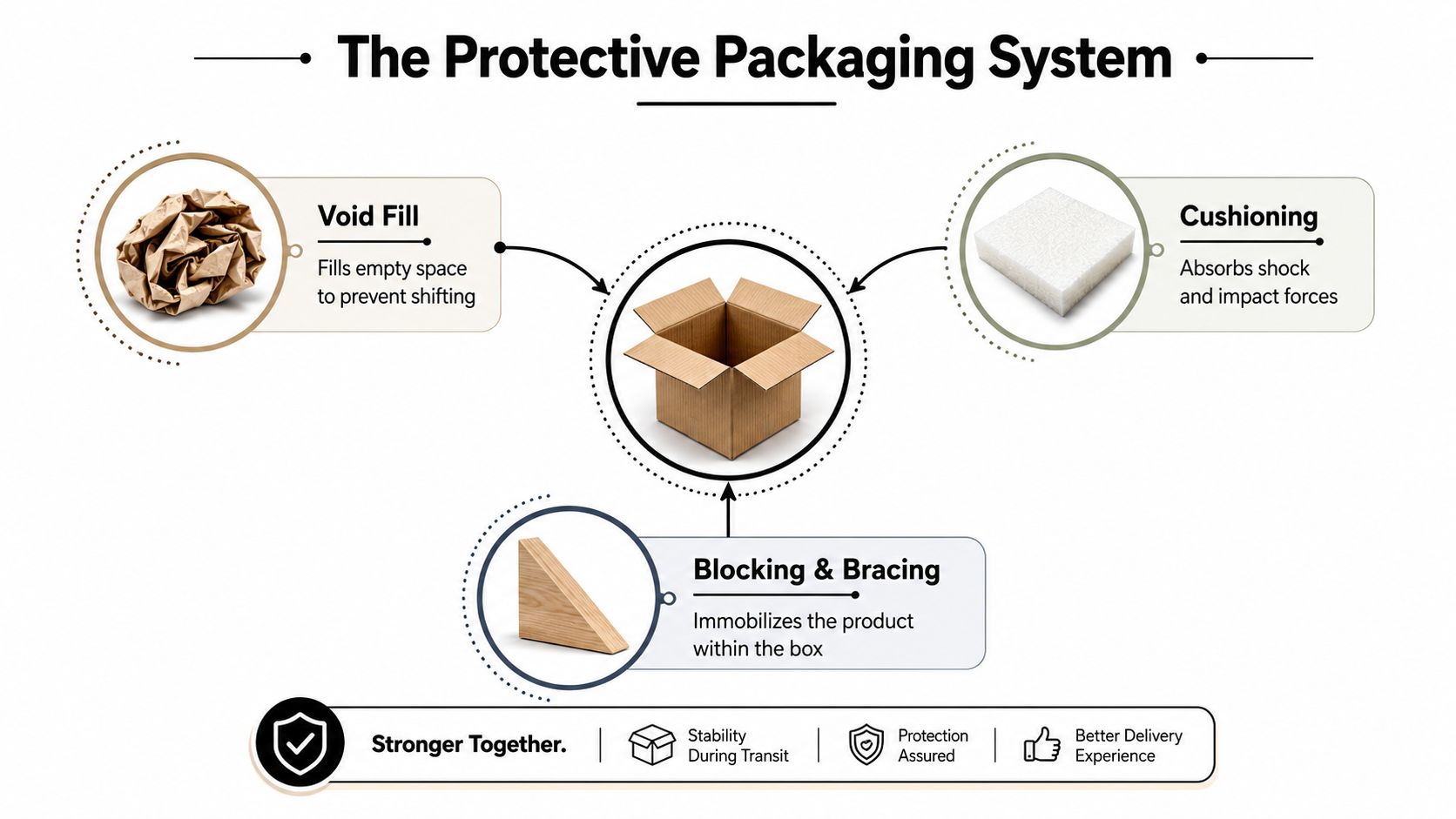 An infographic showing the three essential components of a protective packaging system for shipping items safely.