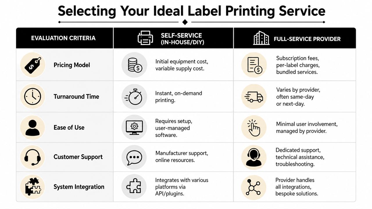 A comparison chart outlining criteria for selecting between in-house label printing and a full-service provider.