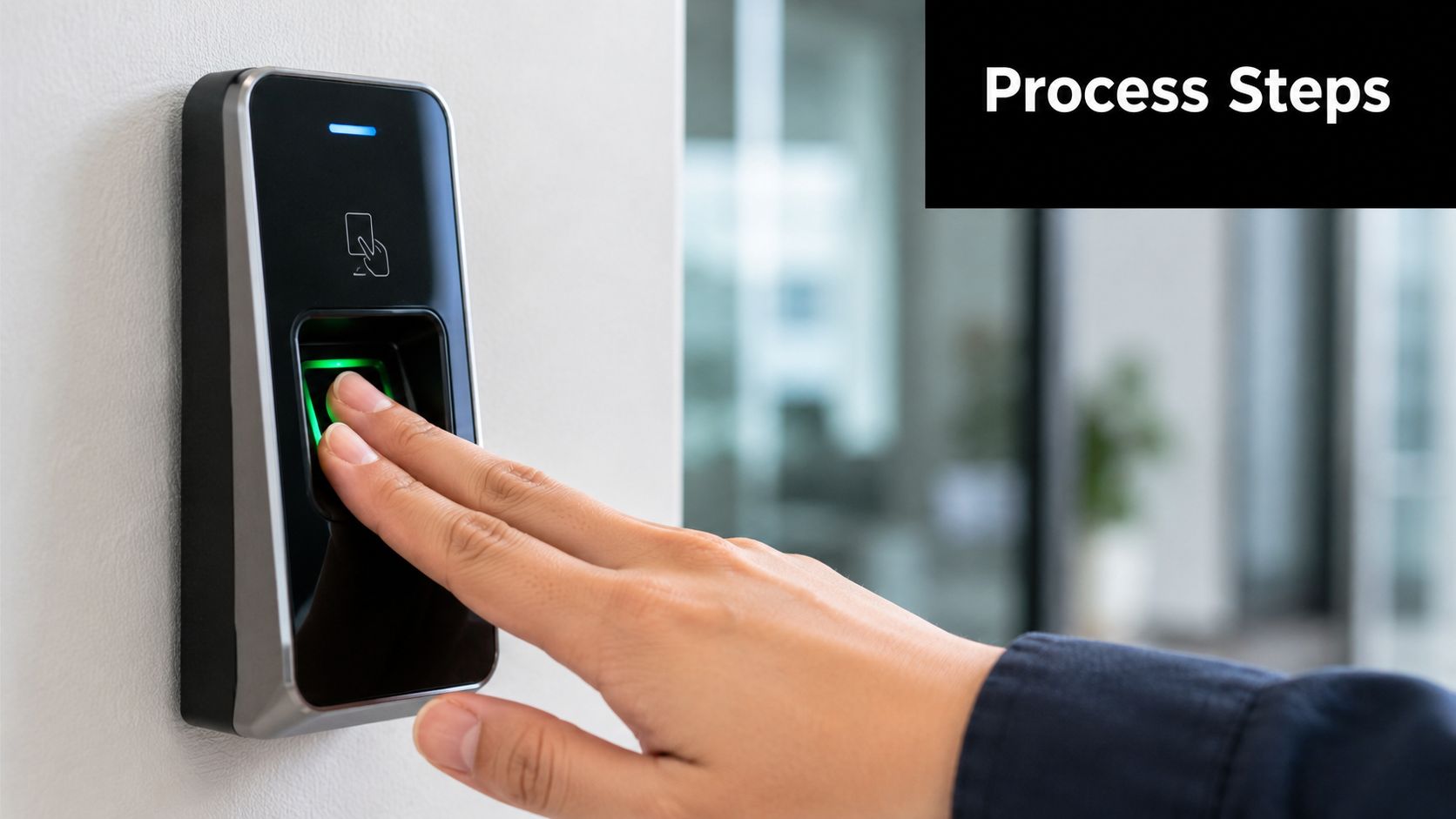 A person placing their finger on a biometric fingerprint scanner mounted on a white office wall.