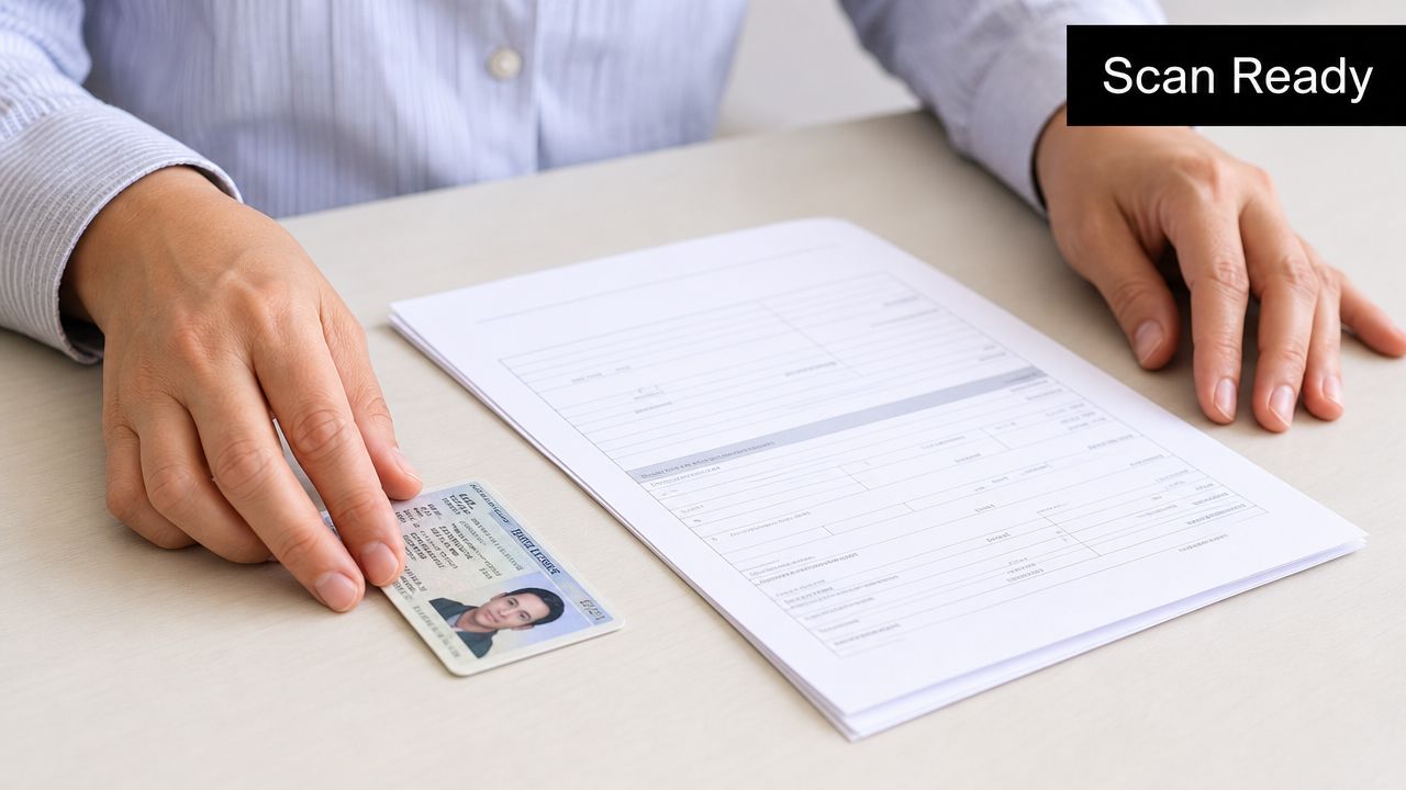 A person holding a personal identification card while placing it next to a blank paper form on a desk.