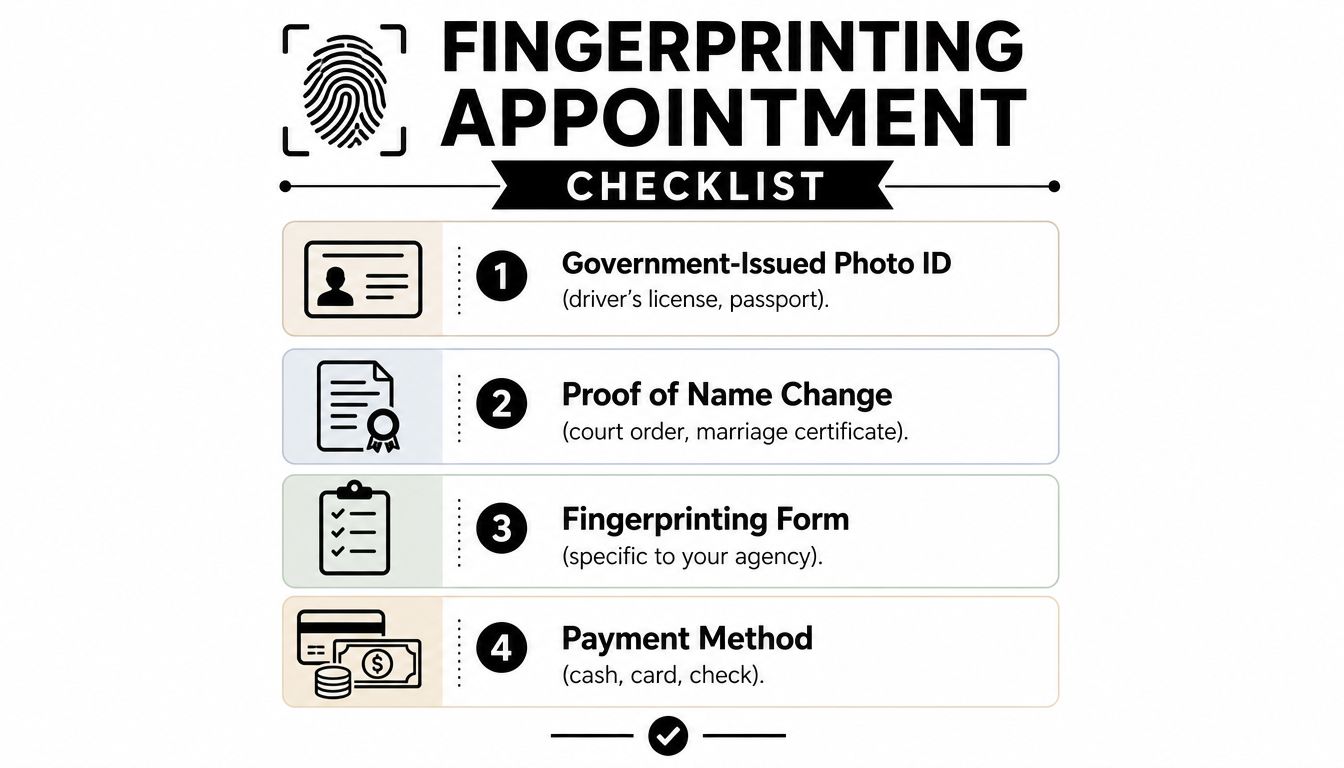 A checklist for a fingerprinting appointment listing required items like ID, name change proof, forms, and payment.