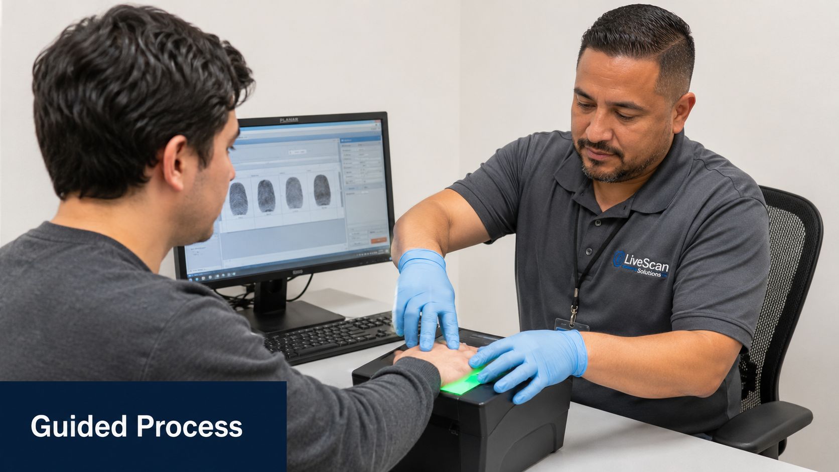 A professional technician wearing blue gloves guides a man's hand onto a digital fingerprint scanner.