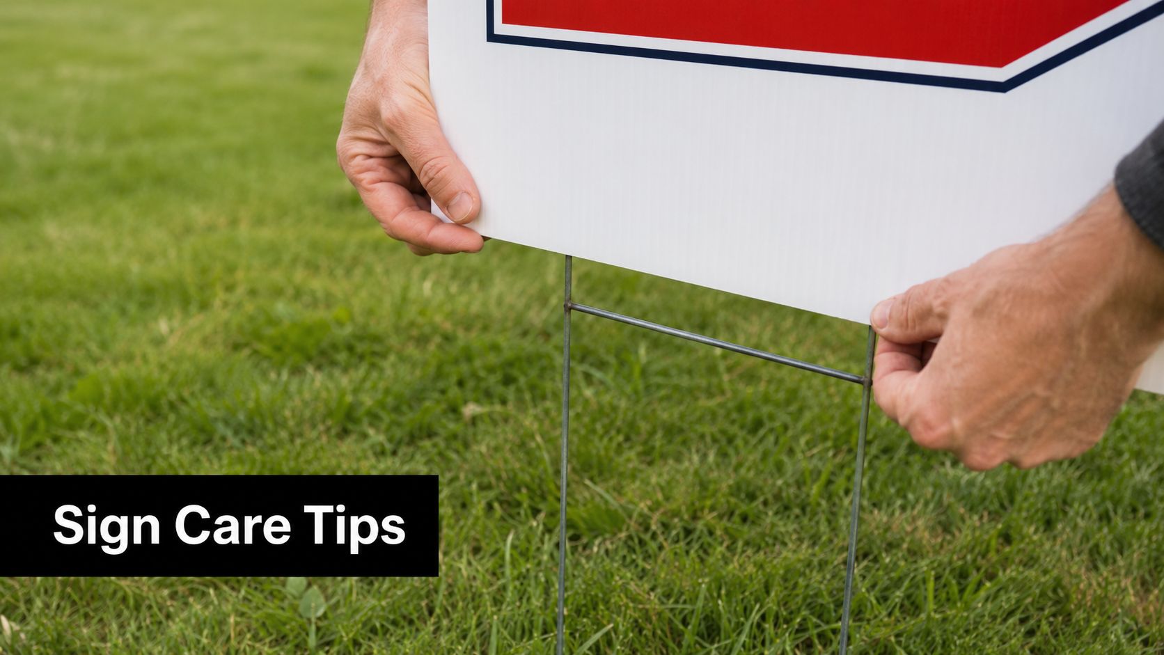 A pair of hands holding a corrugated plastic yard sign with a metal stake on grass.