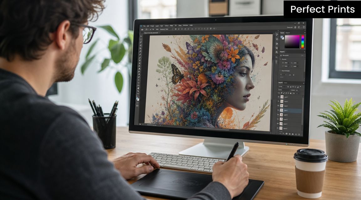 A digital artist uses a stylus on a graphics tablet while editing a floral portrait on a computer.