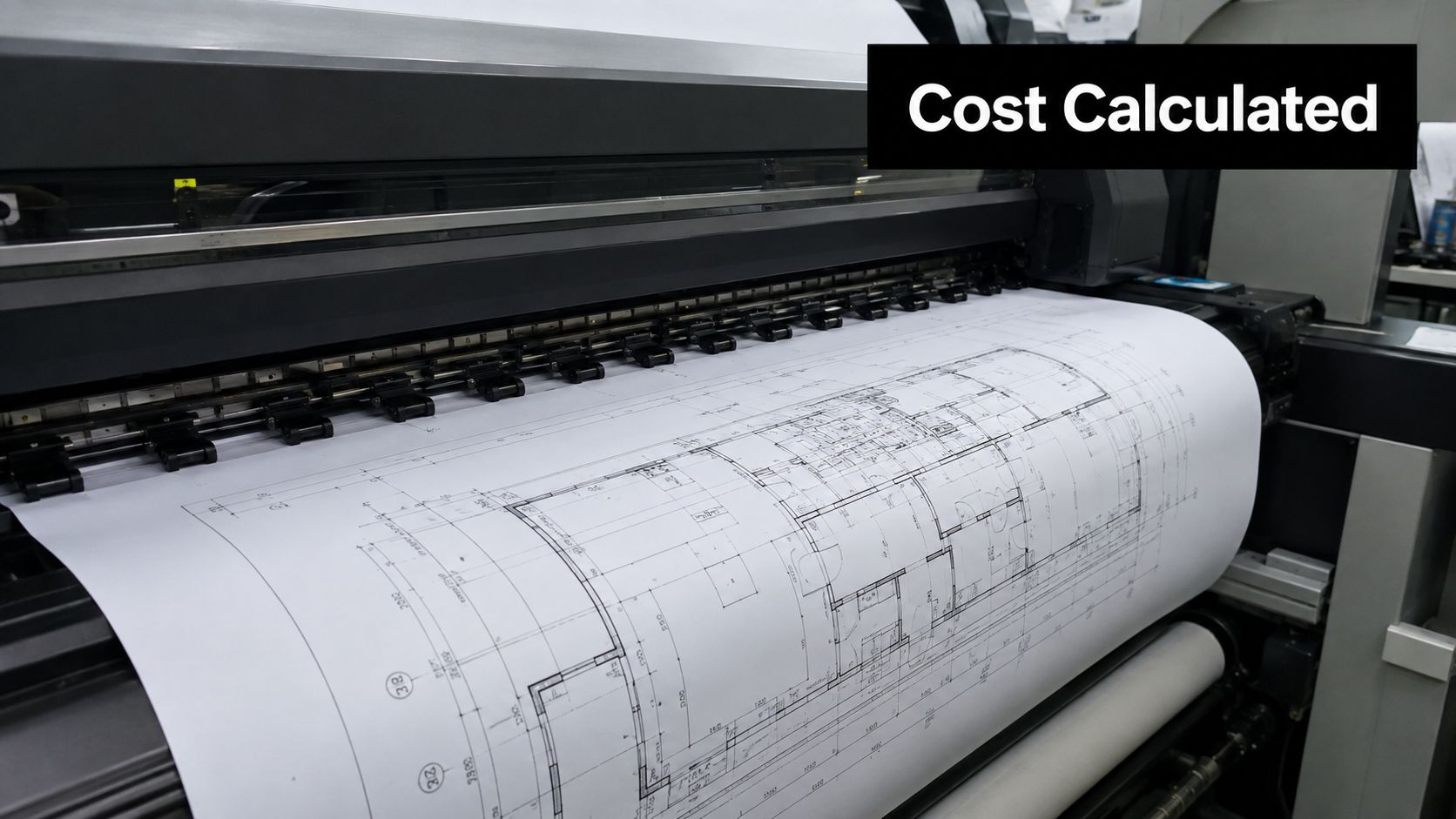 A large-format printer outputting detailed architectural blueprints on a long roll of paper in a professional setting.