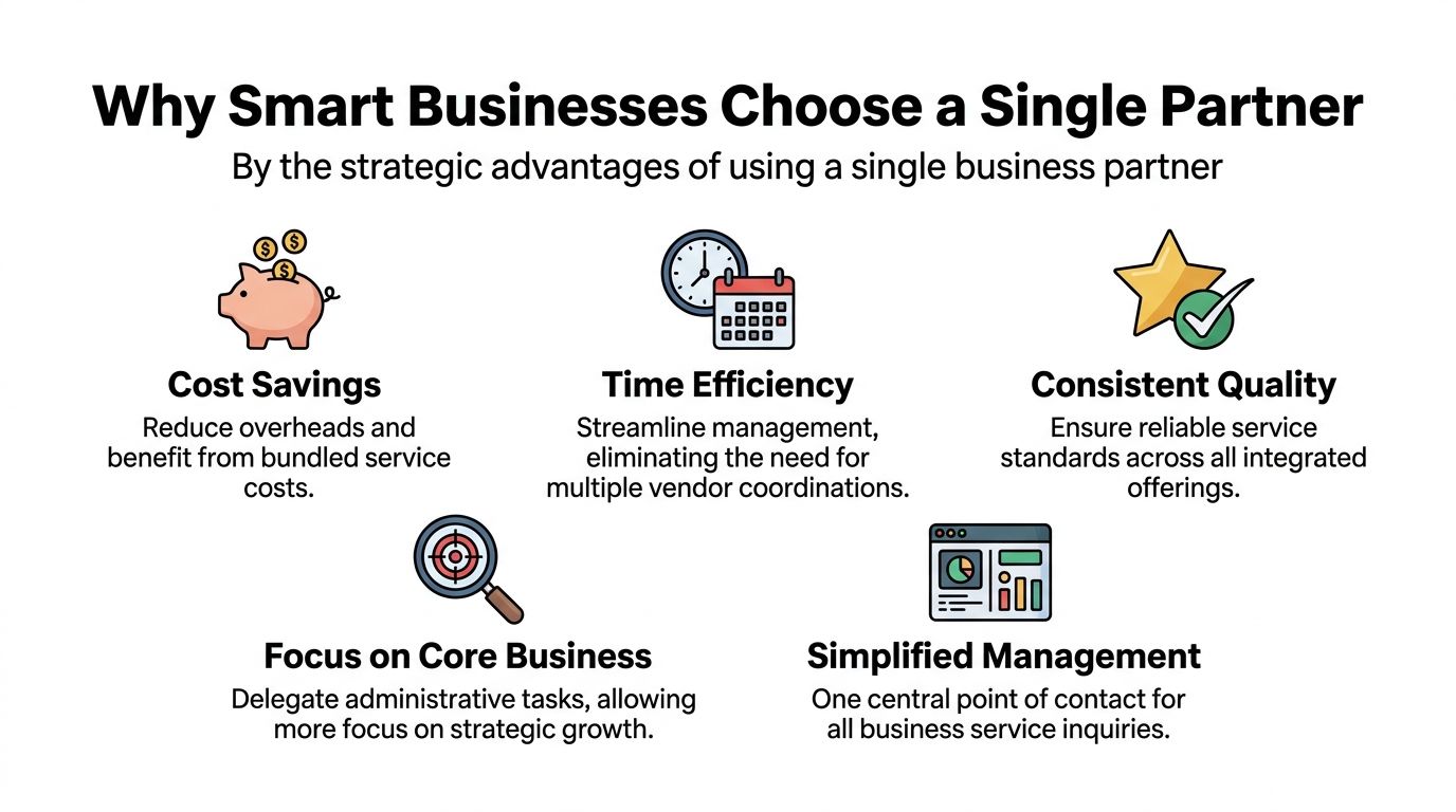 An infographic showing five strategic benefits of choosing a single business partner for corporate office services.