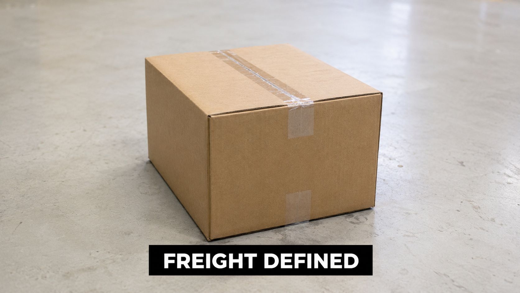A simple brown cardboard box taped shut sits on a light gray concrete industrial floor.