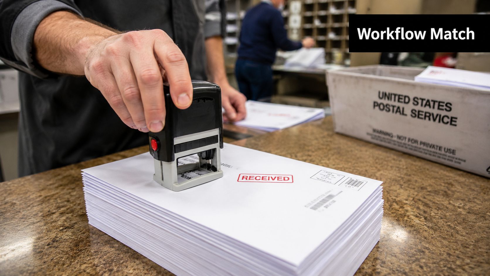 A postal worker uses a self-inking rubber stamp to mark a stack of white mail envelopes.