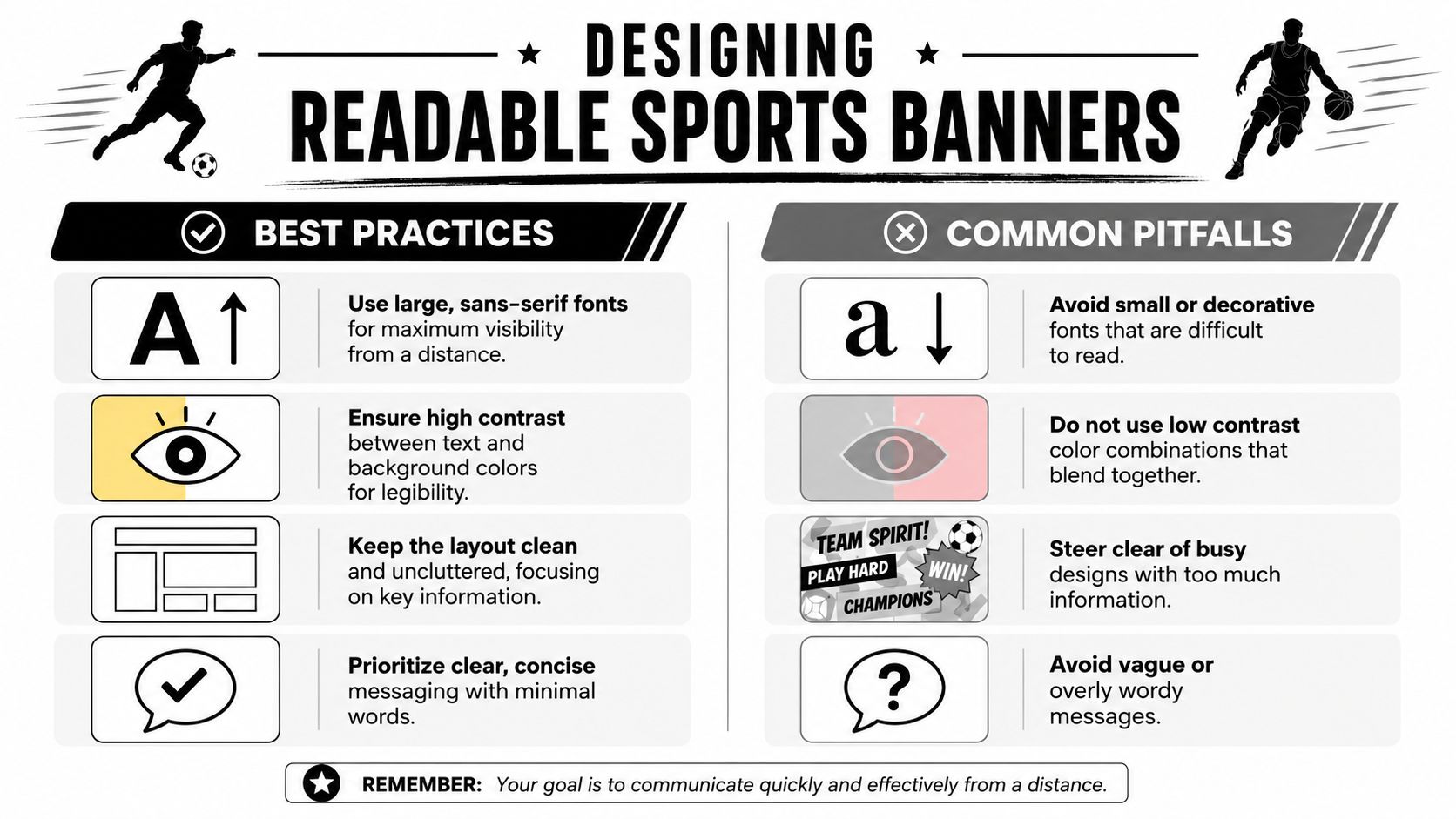 An infographic titled Designing Readable Sports Banners outlining essential best practices and common design pitfalls for posters.