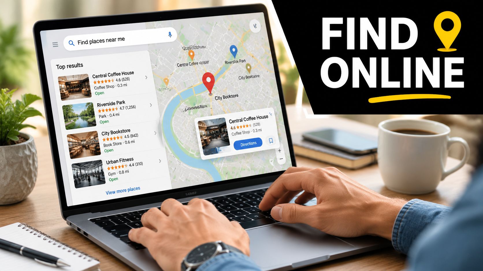 A person using a laptop to search for local businesses on a digital map interface.