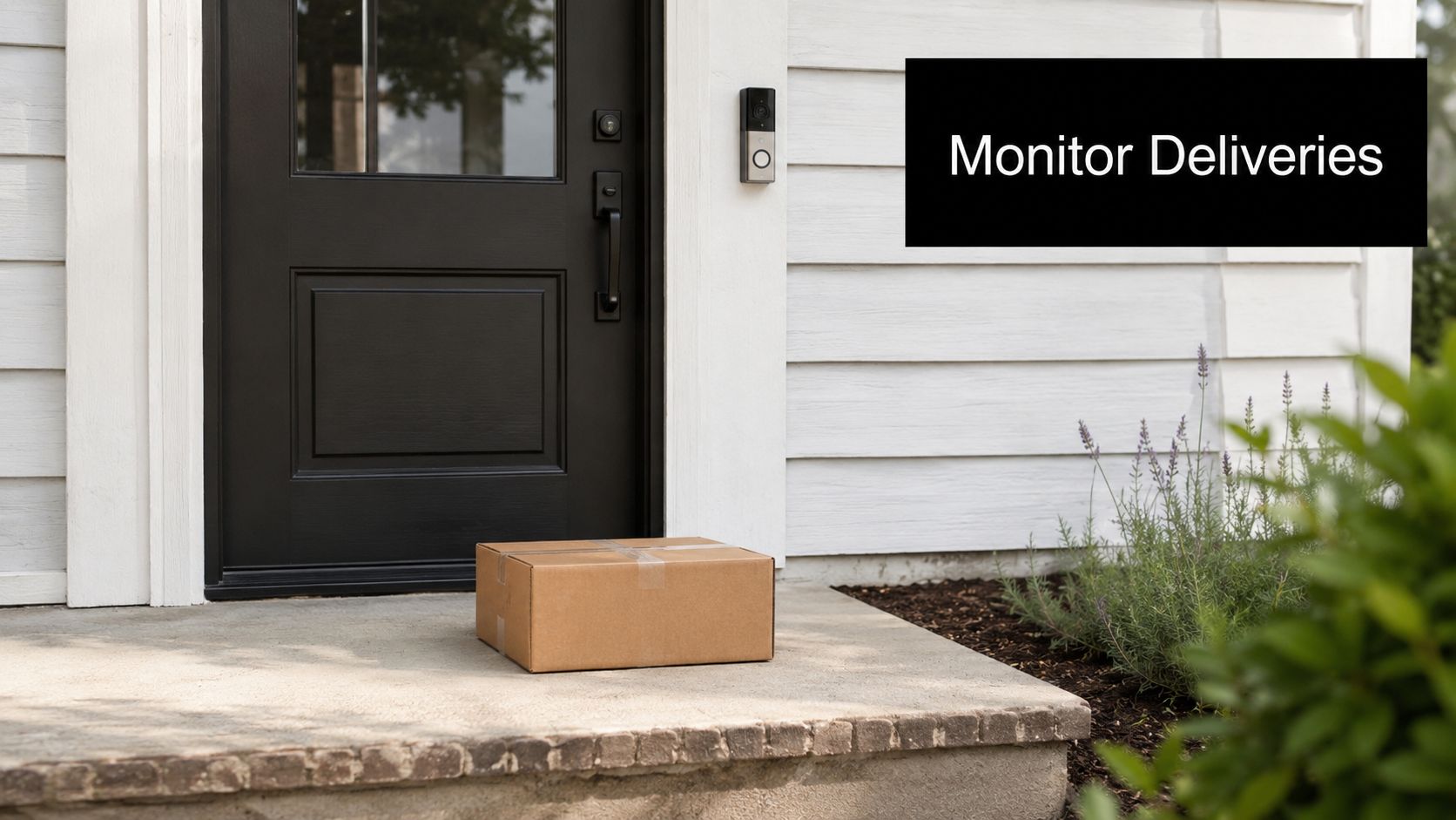 A cardboard delivery box sitting on a residential doorstep next to a black front door.